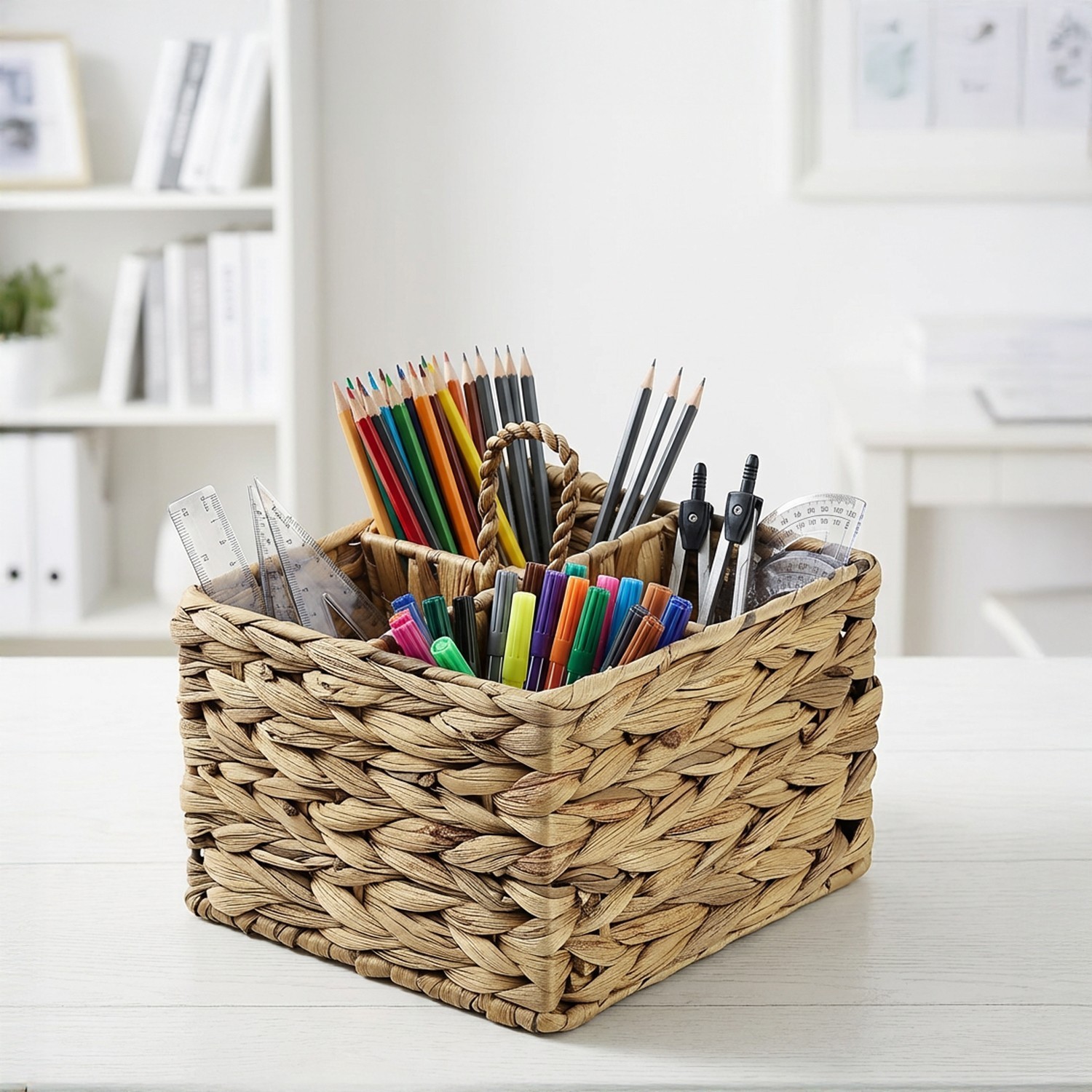 Garnen Pen Holder for Desk 4 Slots Wicker Basket Desk Pen Holder Organizer