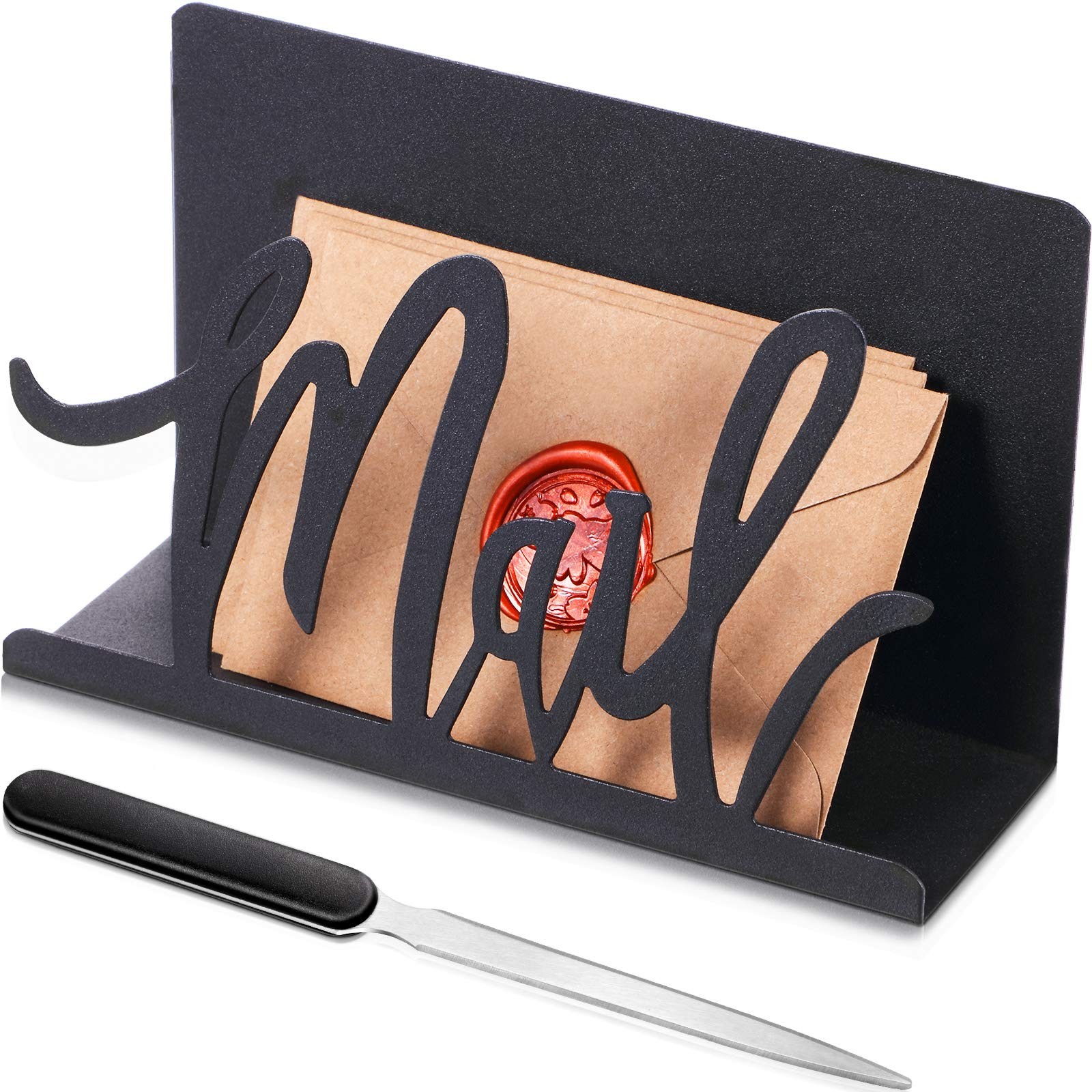 Black Metal Mail Holder Countertop Organizer with Cutout Lettering Letter Opener
