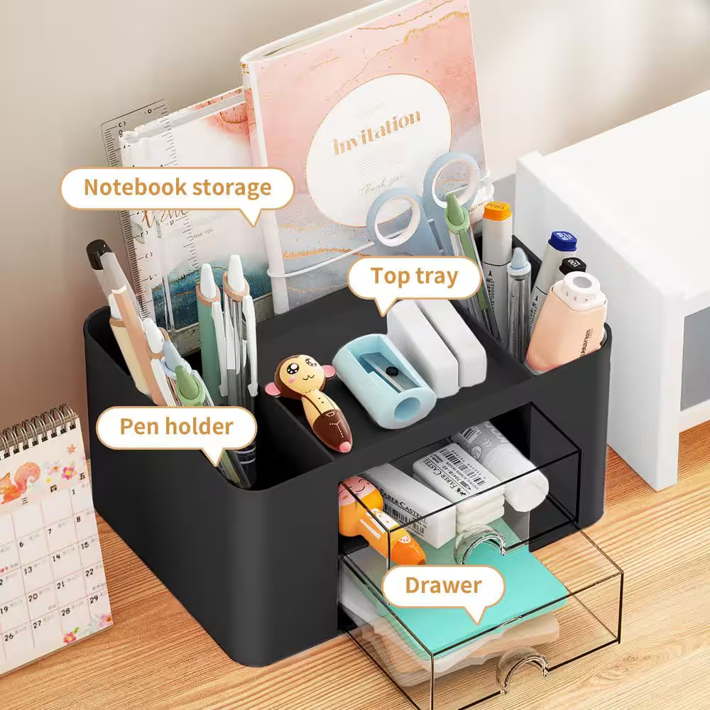 3 Compartments Pen Holder with 2 Drawers, Multi-Functional Desk Organizer for Of