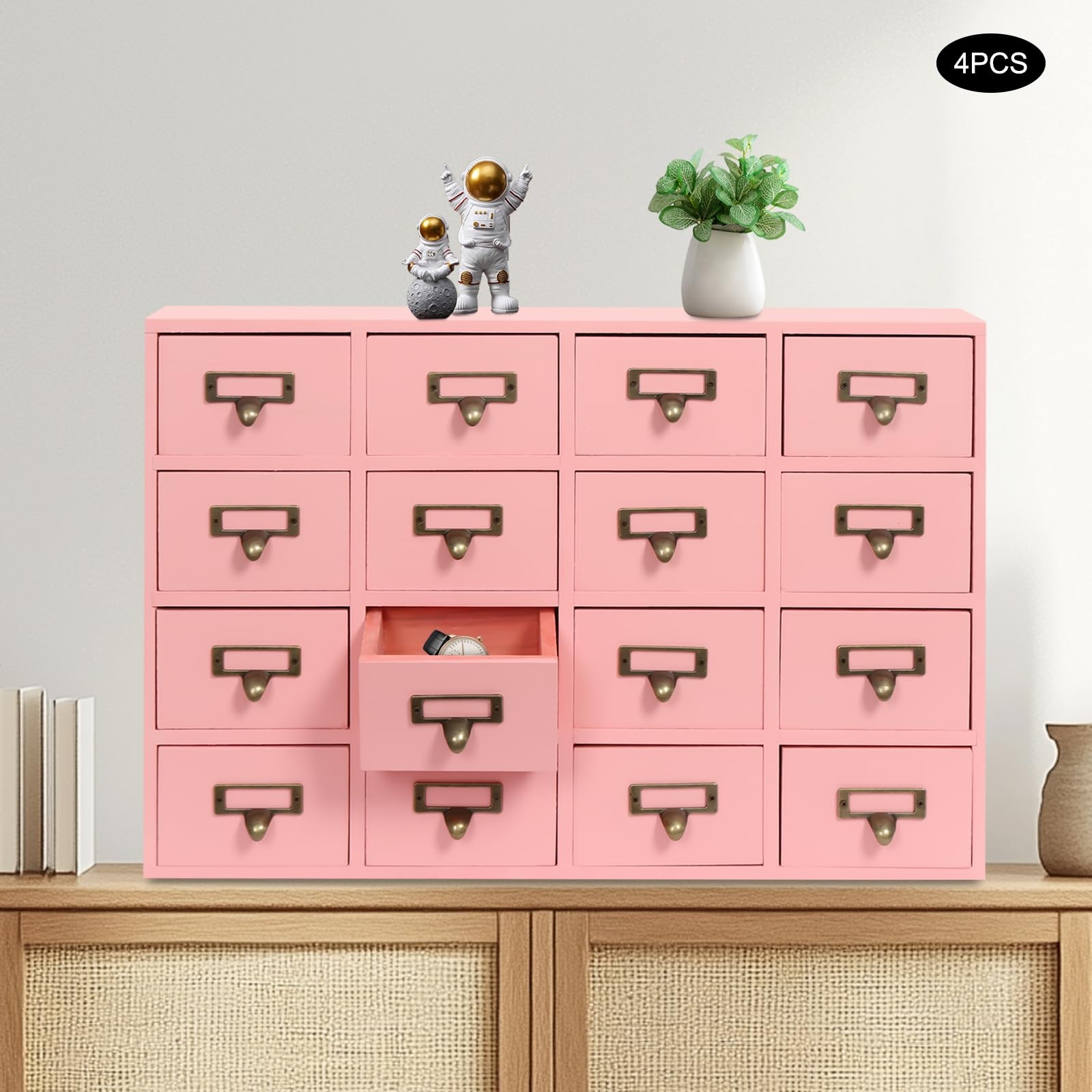 64-Drawer Wooden Storage Cabinet Vintage Tabletop Mount Desk Organizer Pink