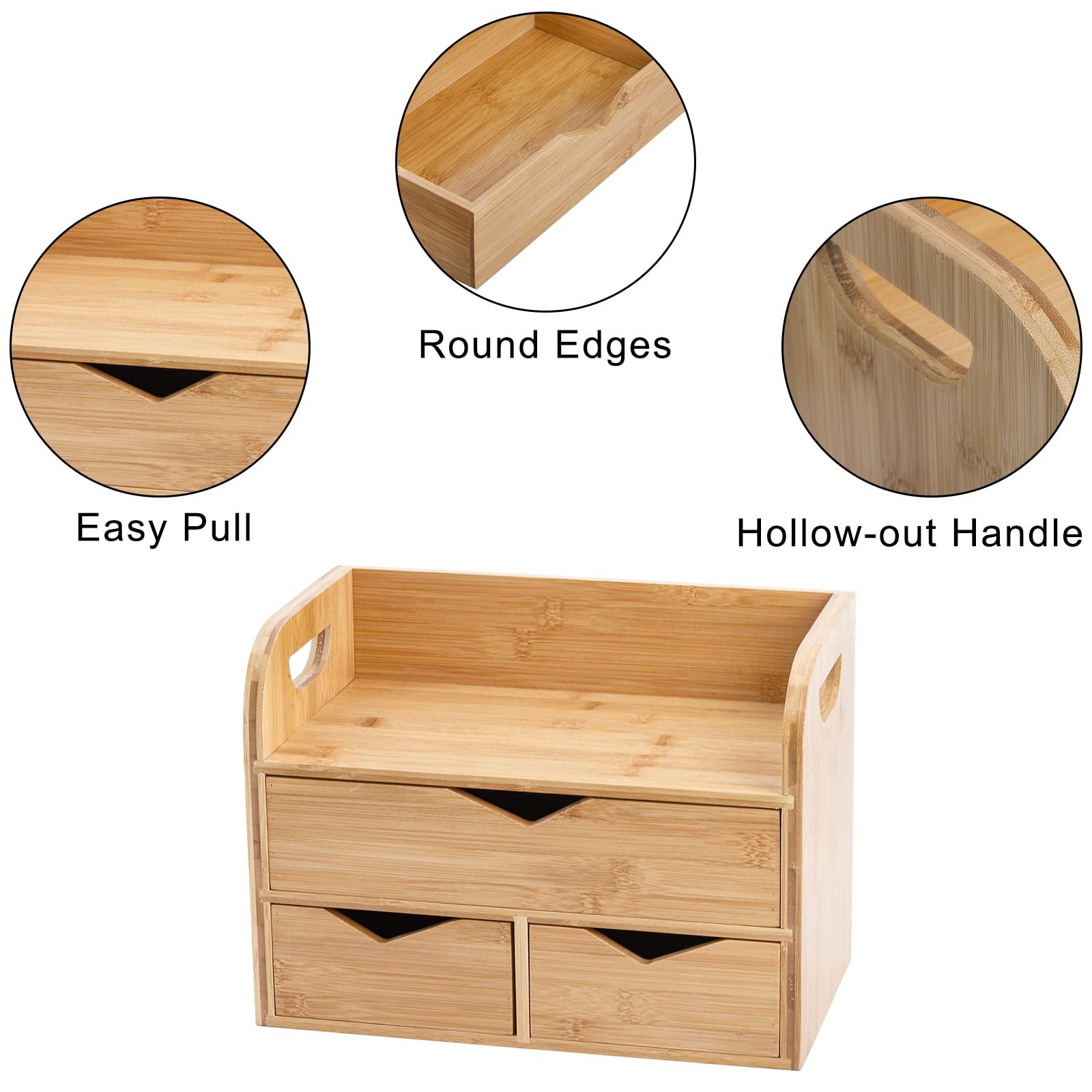 Hacaroa 3 Tier Bamboo Desktop Organizer with 3 12.5 x 6.8 x 9 inches, Wooden