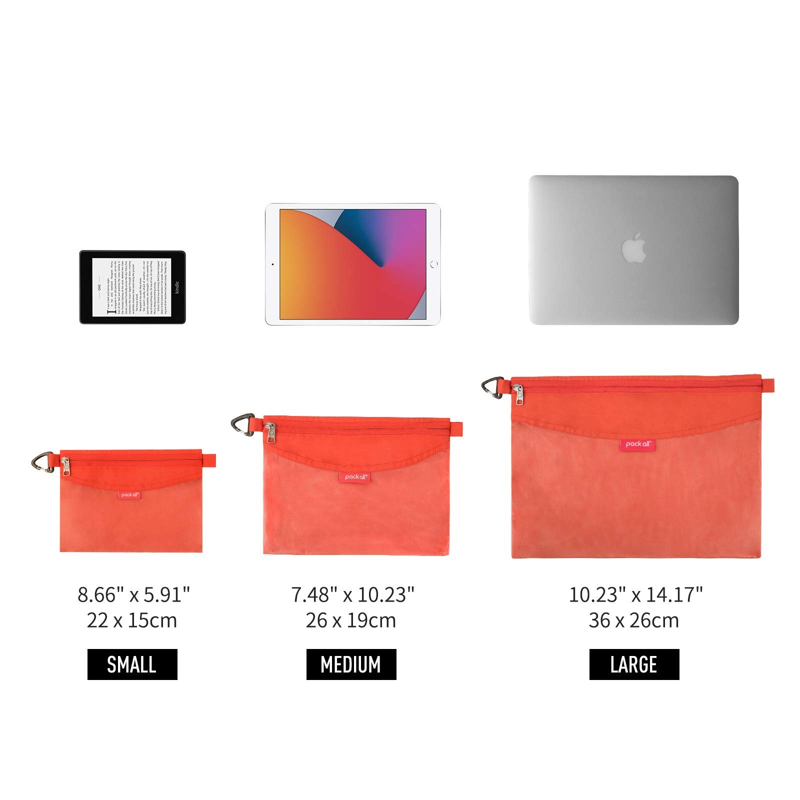Zipper Pouch Set Mesh Bags Water Resistant Orange 3 PCS Storage Travel Office