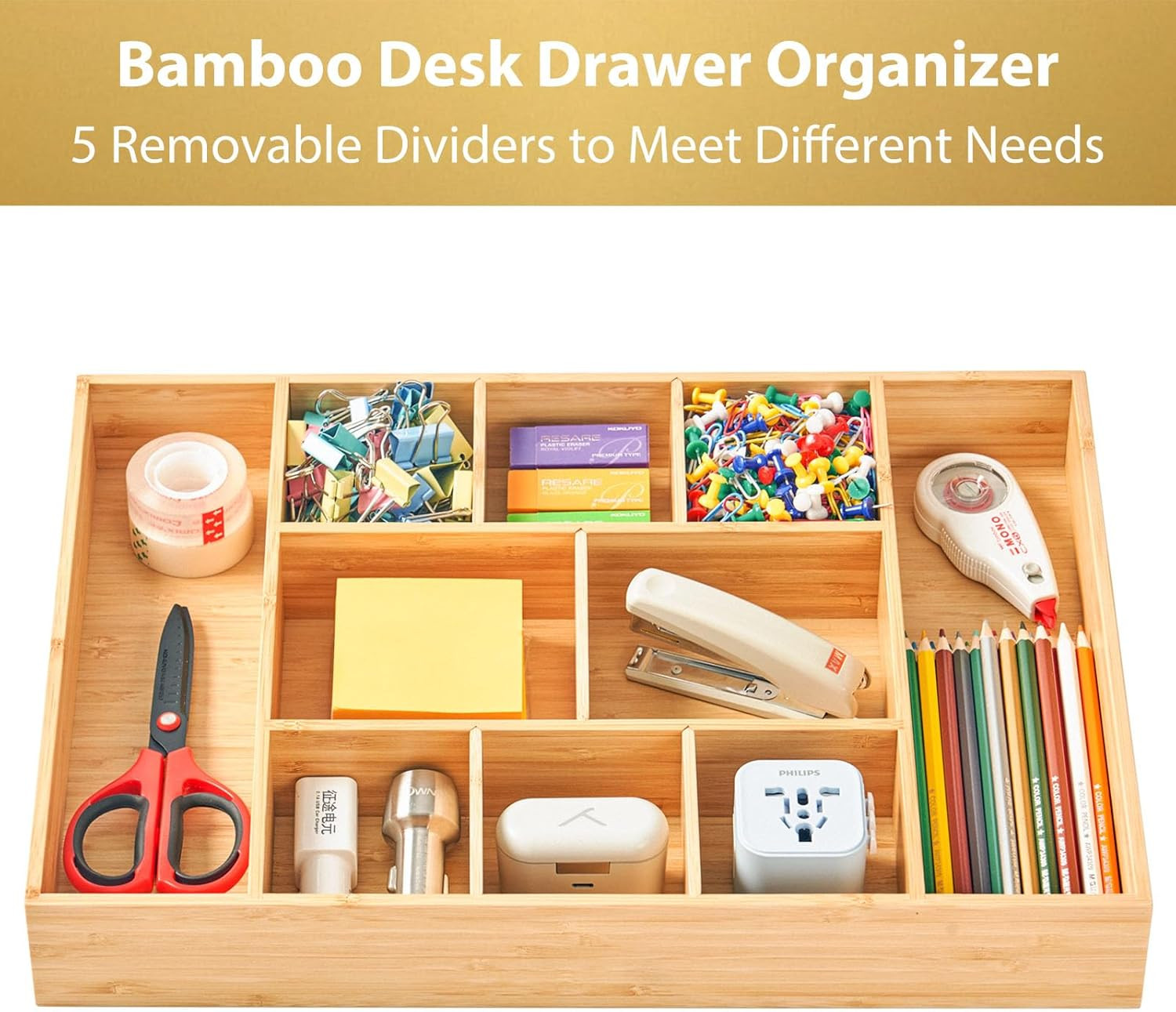 Extra Large Bamboo Desk Drawer Organizer, Wood Junk Organizer Tray with Adjustab
