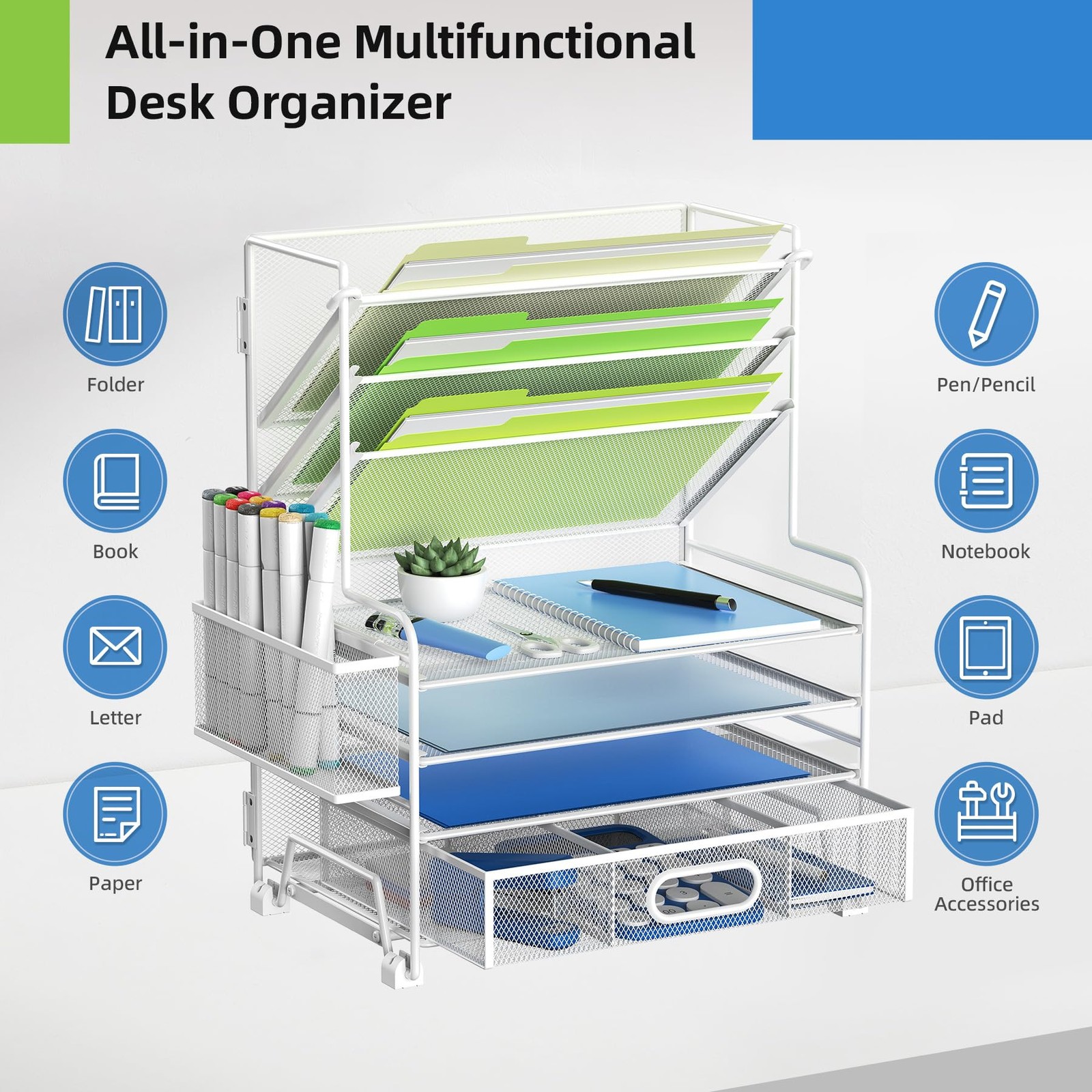 MINDEPOT 4~Tier Paper Organizer with Drawer & Pen Holder, White