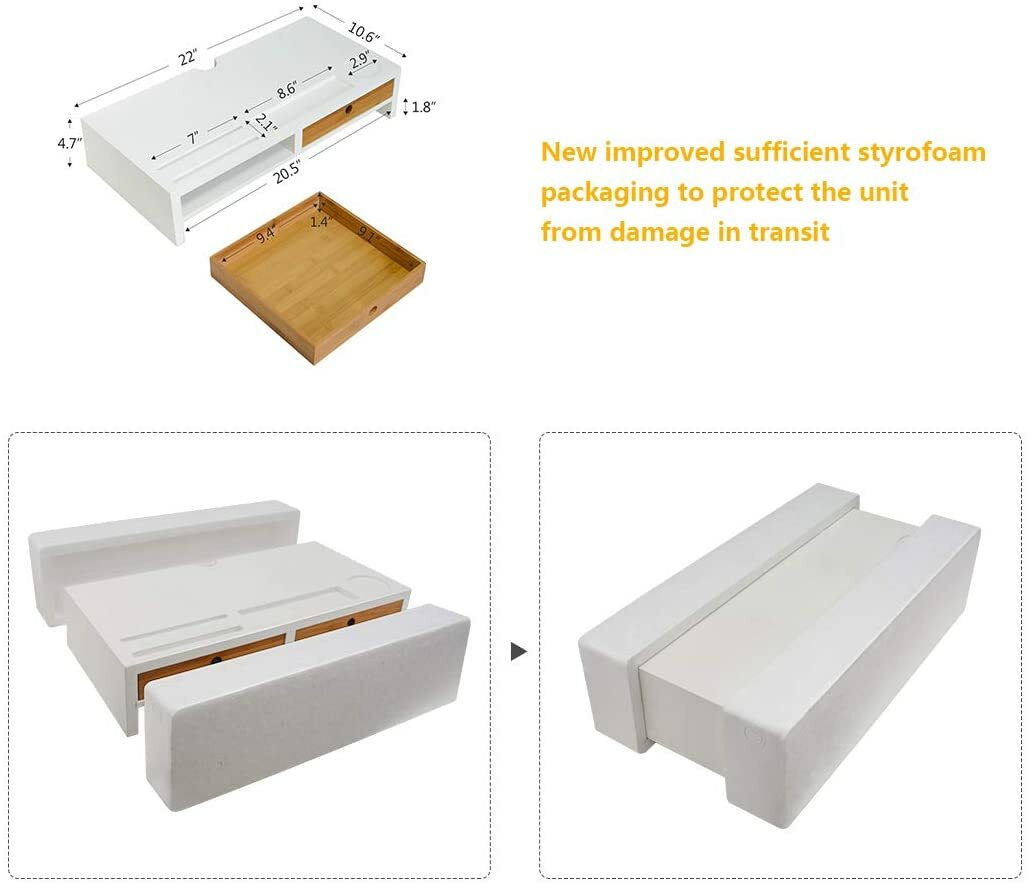 Computer Monitor Stand with Drawers – White Wood Laptop Screen Printer TV Riser