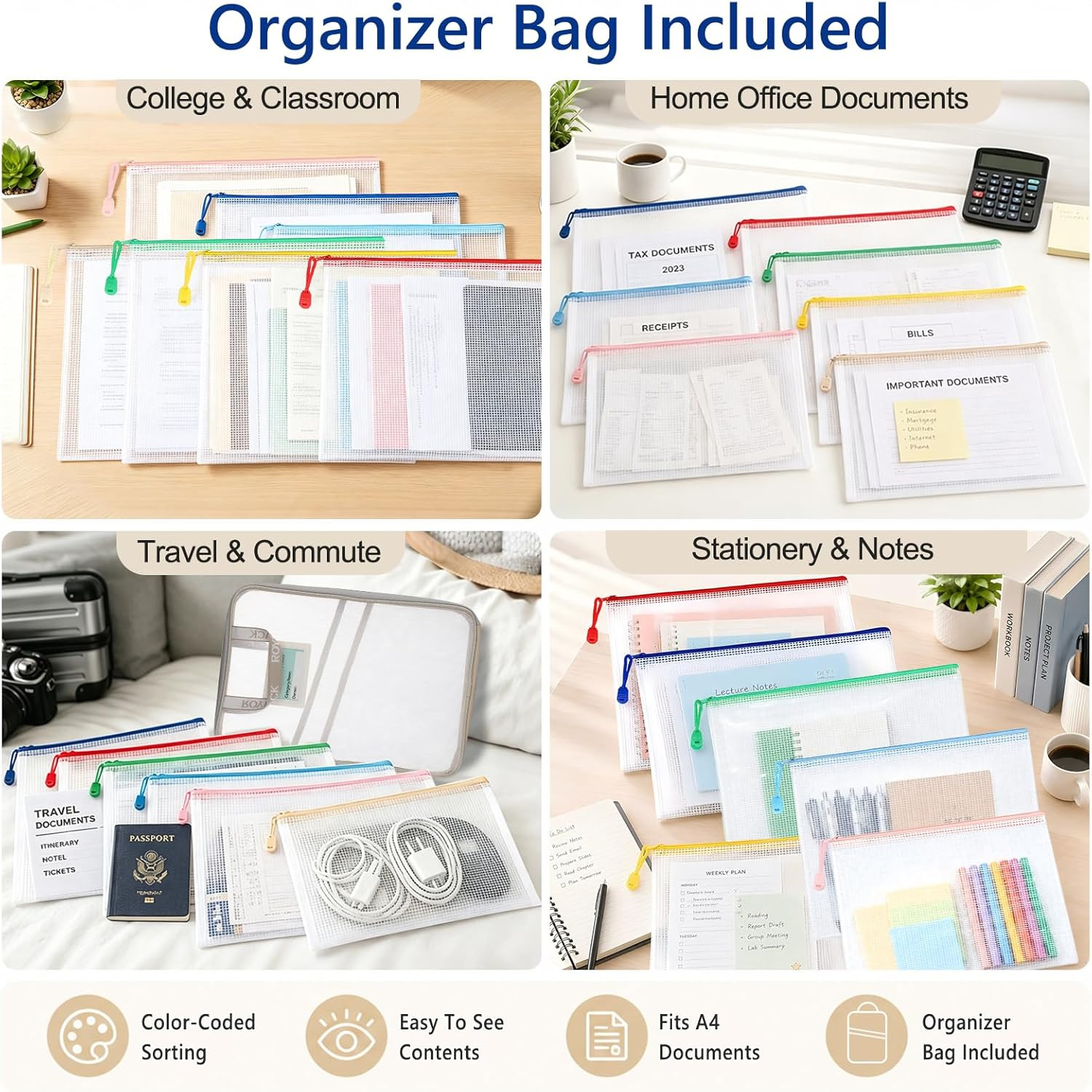 7 Pack PVC Mesh Zipper Pouch Set with 1 Organizer Bag A4/Letter Size Translucent