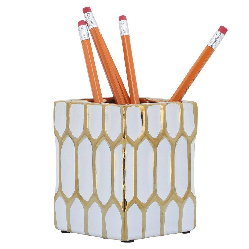 White Gold 3 In. X 4 In. Ceramic Square Pen Holder Desk Accessories with Dynasty