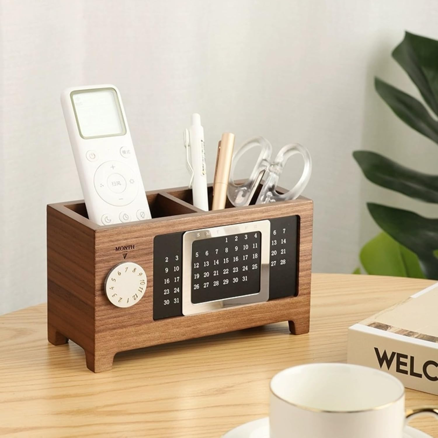 Wooden Calendar Pencil Pen Holder, Desk Organizer with 2 Slots, Multifunctional