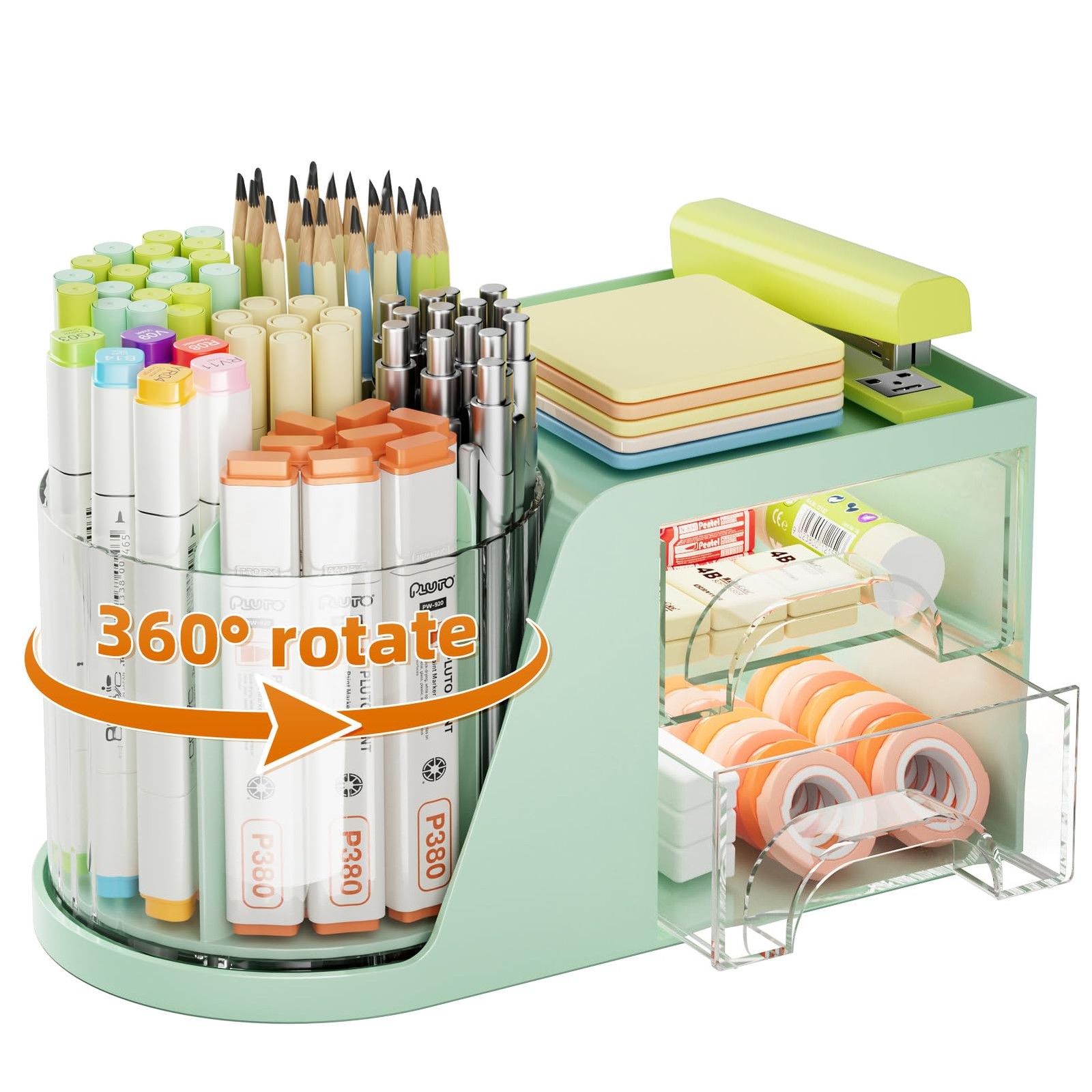 Marbrasse Desk Organizer with 2 Drawer, 360°Rotating Pen Holder, Green