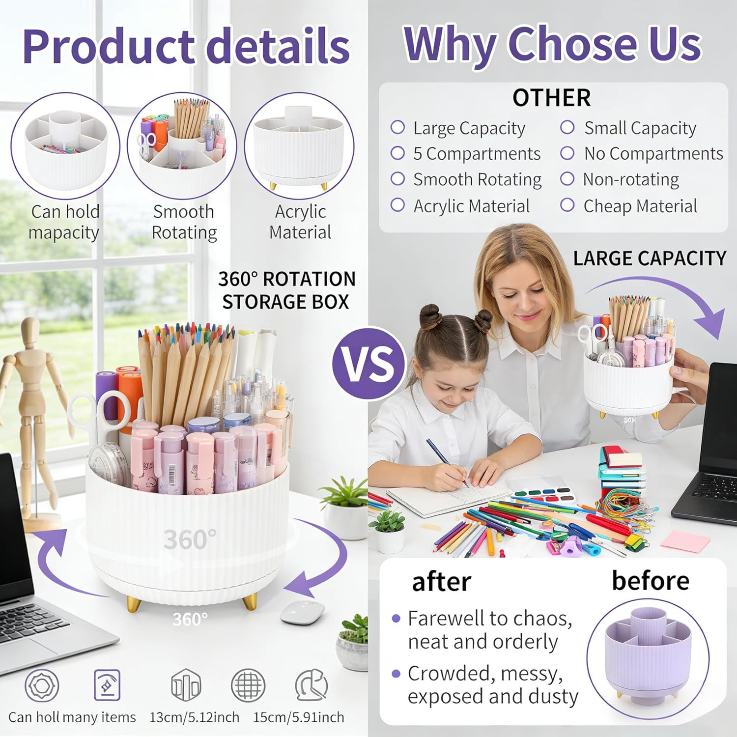 360°Rotating Pen&Pencil Holder for Desk with 5Slots Cute Office | Spacious Beaut