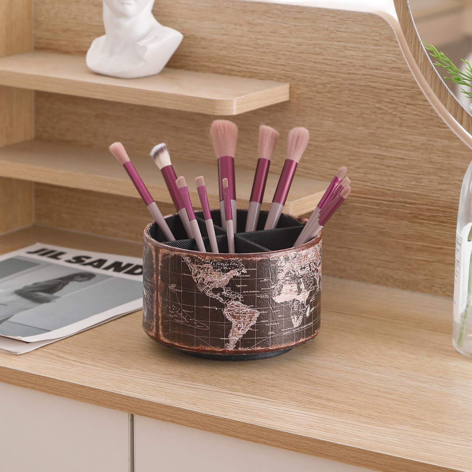 Vintage World Map Remote Control Holder, 360 Degree Rotating Desk Organizer a…