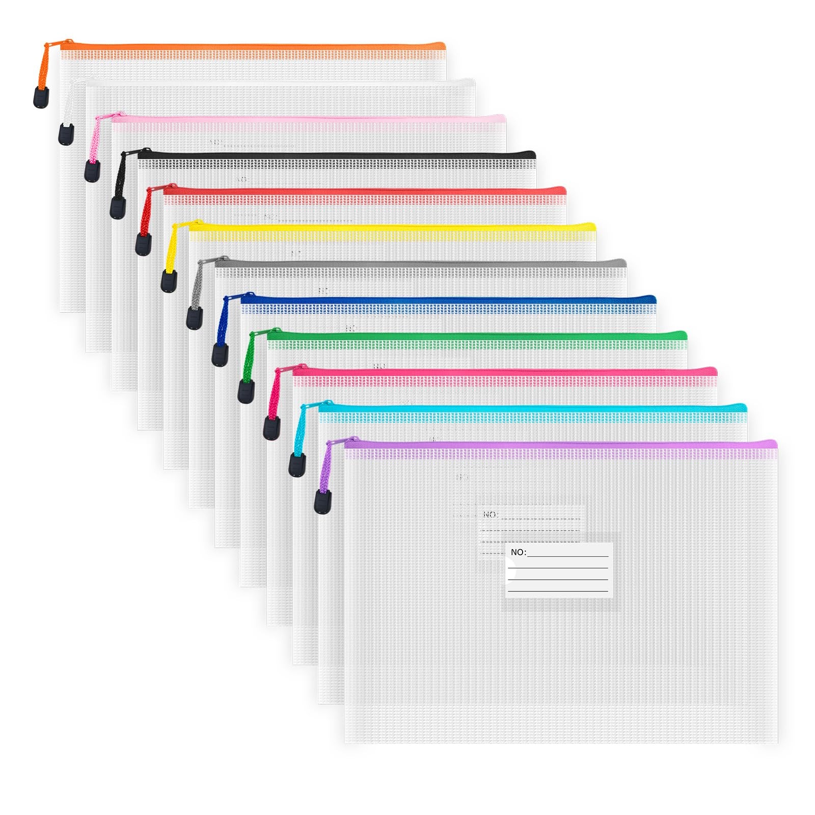 Plastic Mesh Zipper Pouch, 12 Pcs Zipper File Bags with Label Pocket, Game Bo…
