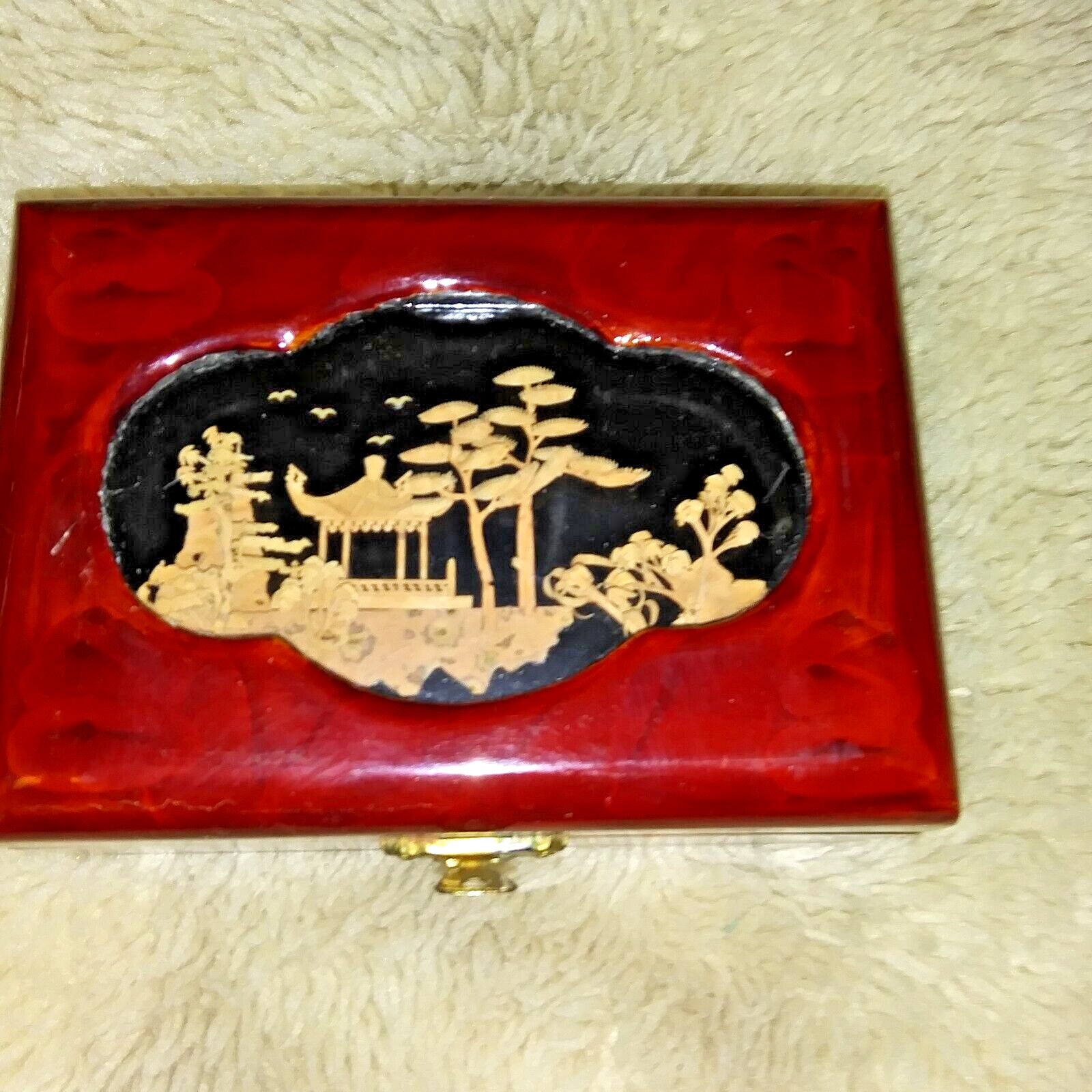 VTG San You Lacquered Oriental Pagoda Diorama Hand Carved Cork Art Jewelry Box