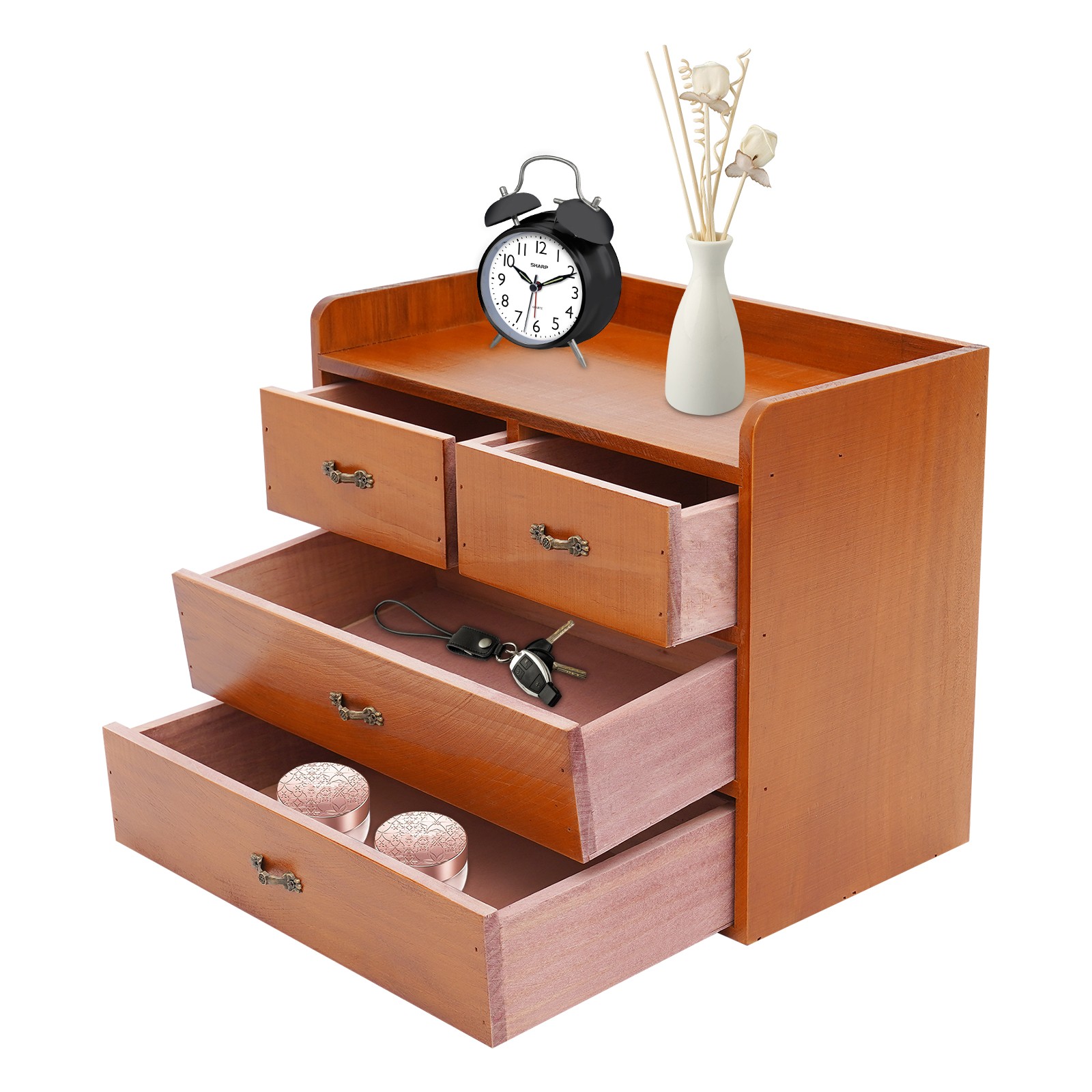Desk Organizer with Drawers Wooden Desktop Storage Cabinet Storage Box, 4 Drawer