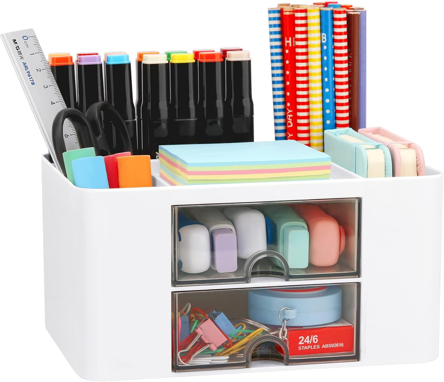 Desk Organizer with 2 Drawer, Plastic Desktop Pen Pencil Card Holder Storage Box