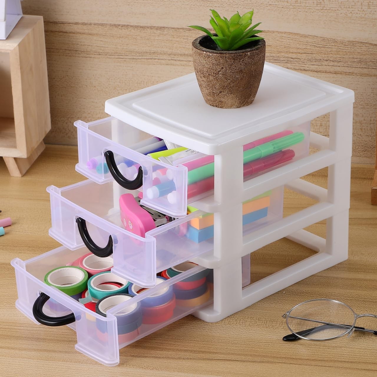 Mini Plastic Drawers Organizer Clear Desktop Storage 3 Drawer Units