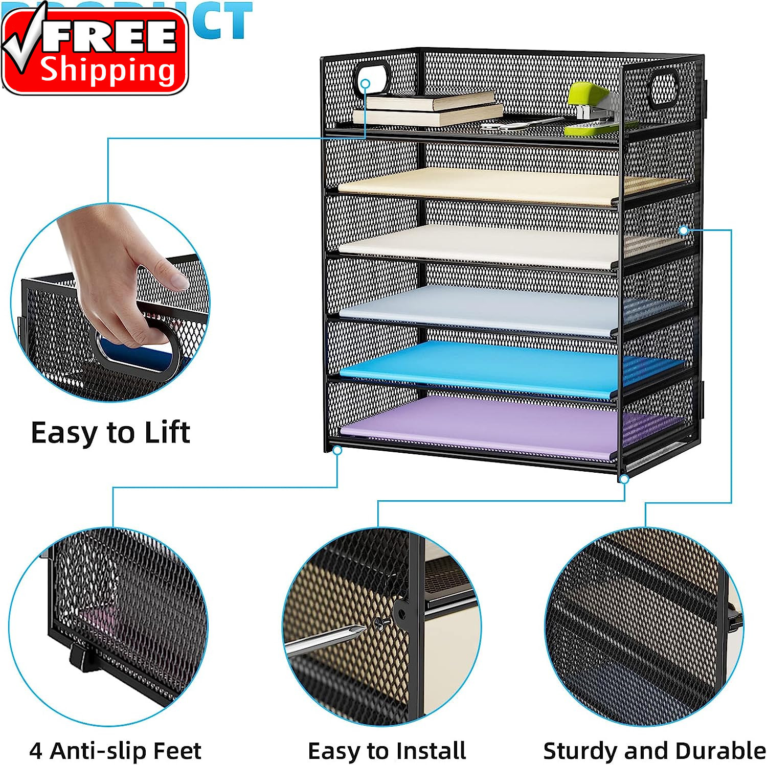 6 Tier Paper Organizer Letter Tray – Mesh Desk File Organizer with Handle, Paper