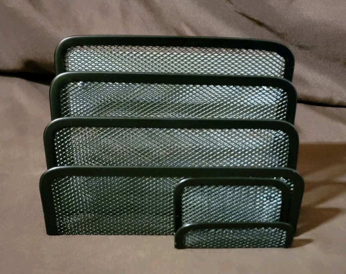 2 Desktop Black Metal Mesh LETTER SORTERS W/ BUSINESS CARD HOLDER Staples 11996