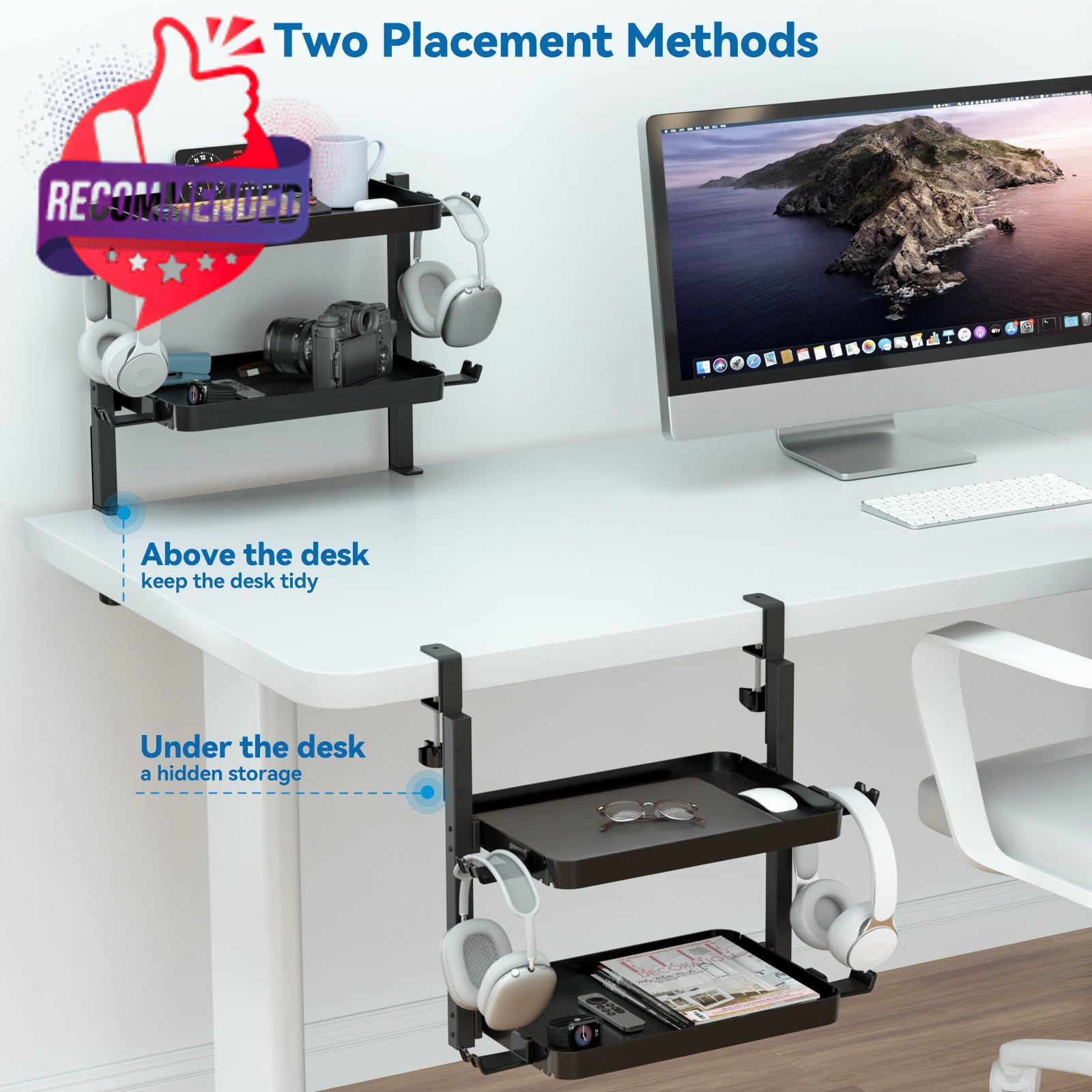 KDD Clamp On Desk Organizer – Adjustable 2-Tier Above or Under Shelves…