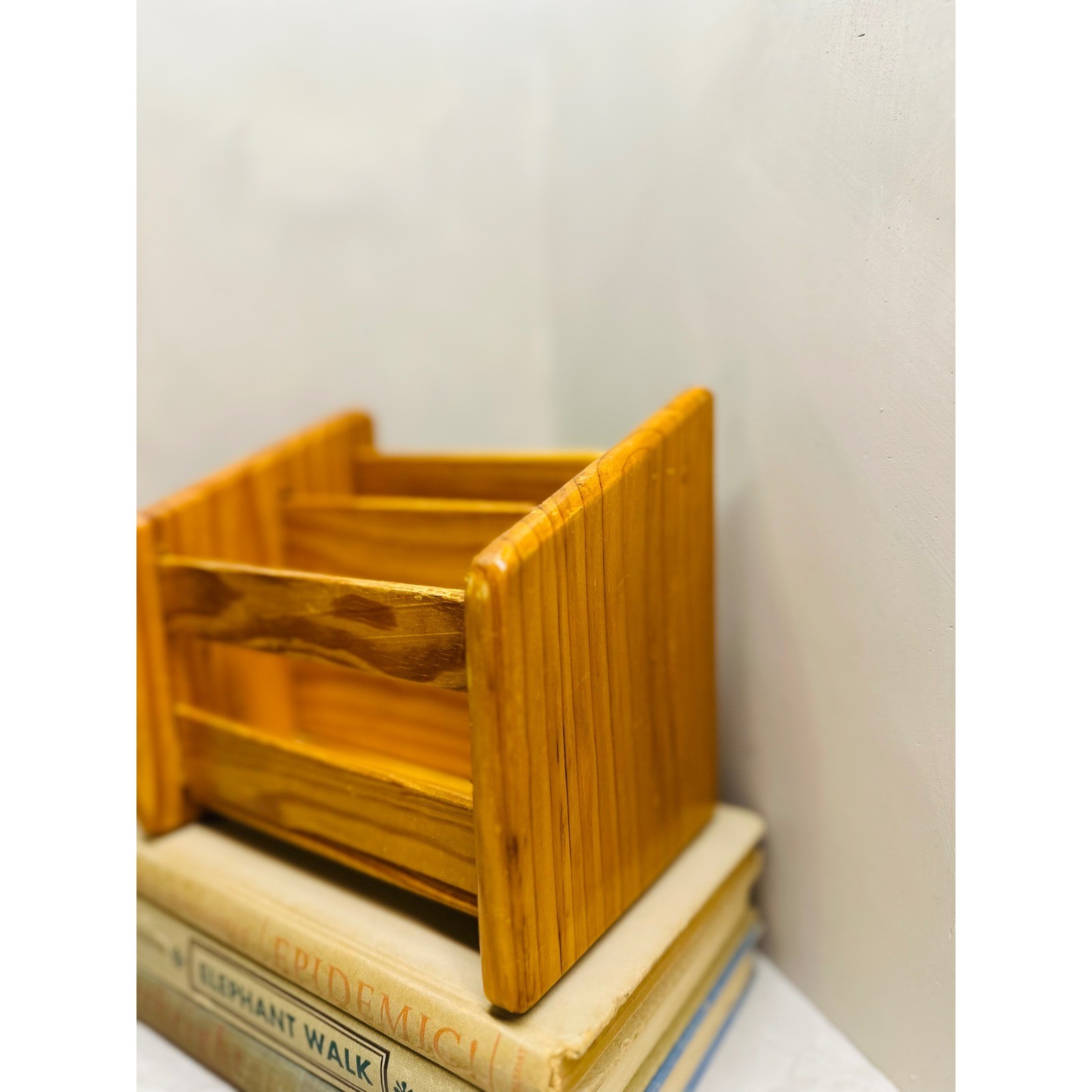 Vintage Handmade Wooden Letter Rack Desk Organizer 2 Slot Mail Sorter Honey Pine