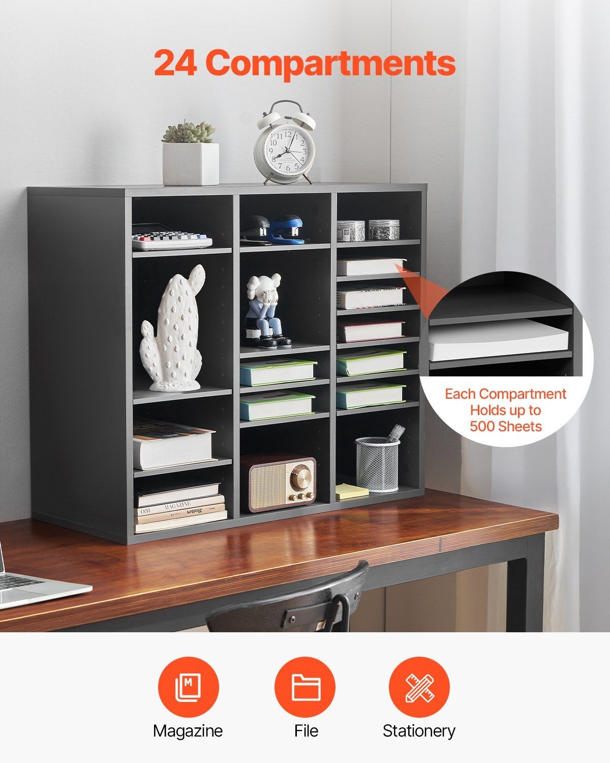 Wooden Office Mailbox — 24-Compartment Grey Literature Organizer, 9.2×11.1in