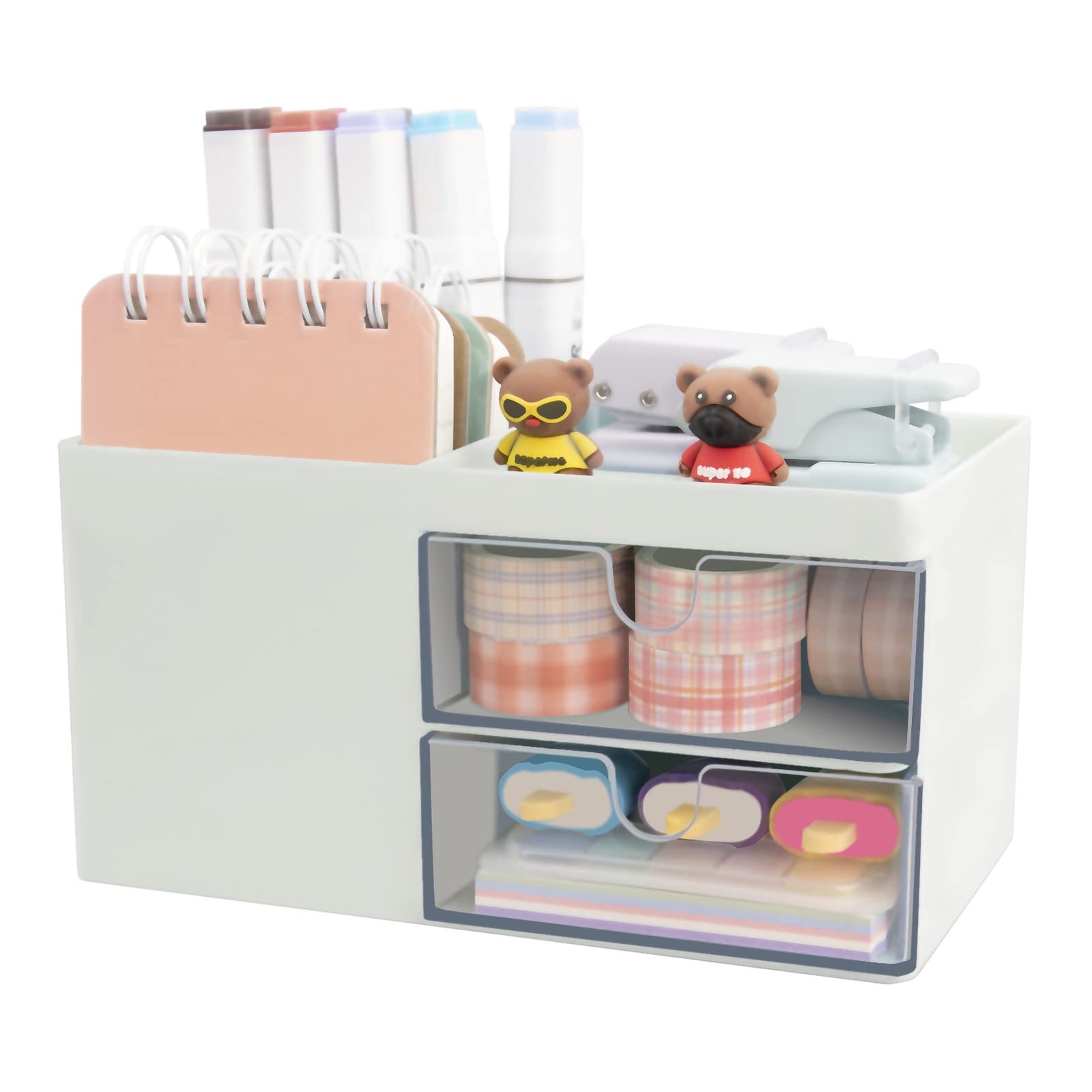 Zyners Small Desk Organizer with Pen Holder and Drawer, Plastic White