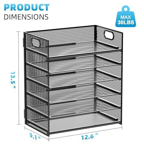 6 Tier Mesh Paper Organizer – Desk File Tray with Handle, A4 Letter Sorter – Bla