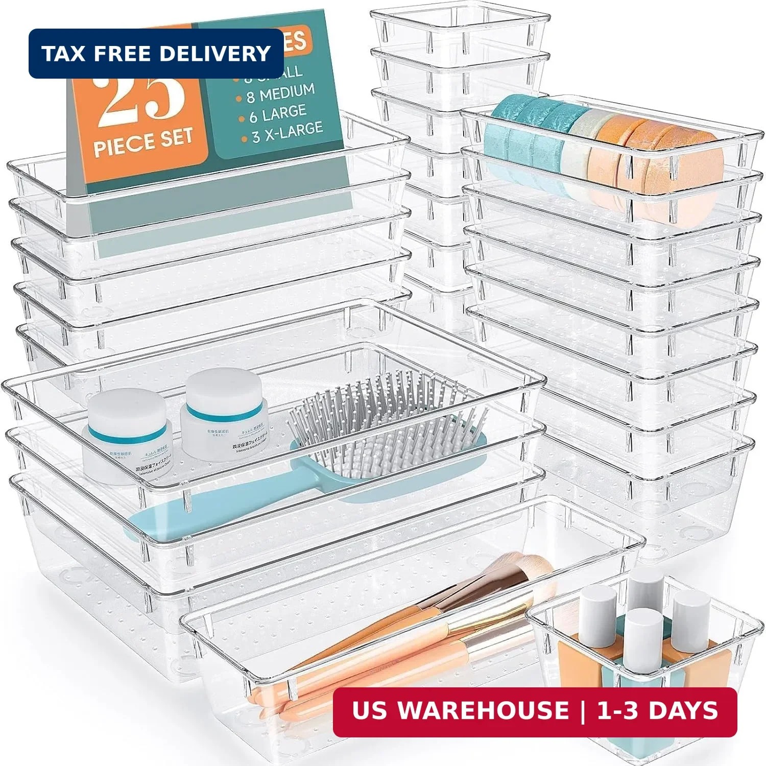 WOWBOX 25 PCS Clear Plastic Drawer Organizer Set, 4 Sizes Desk Drawer Divider Or