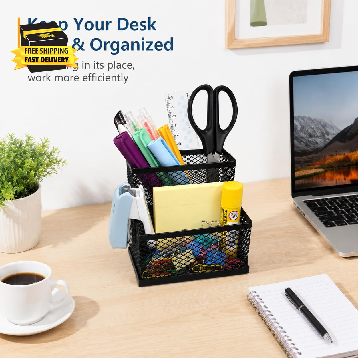 Pen Holder for Desk Organizer,2Compartments Office Supply Organizer for School H