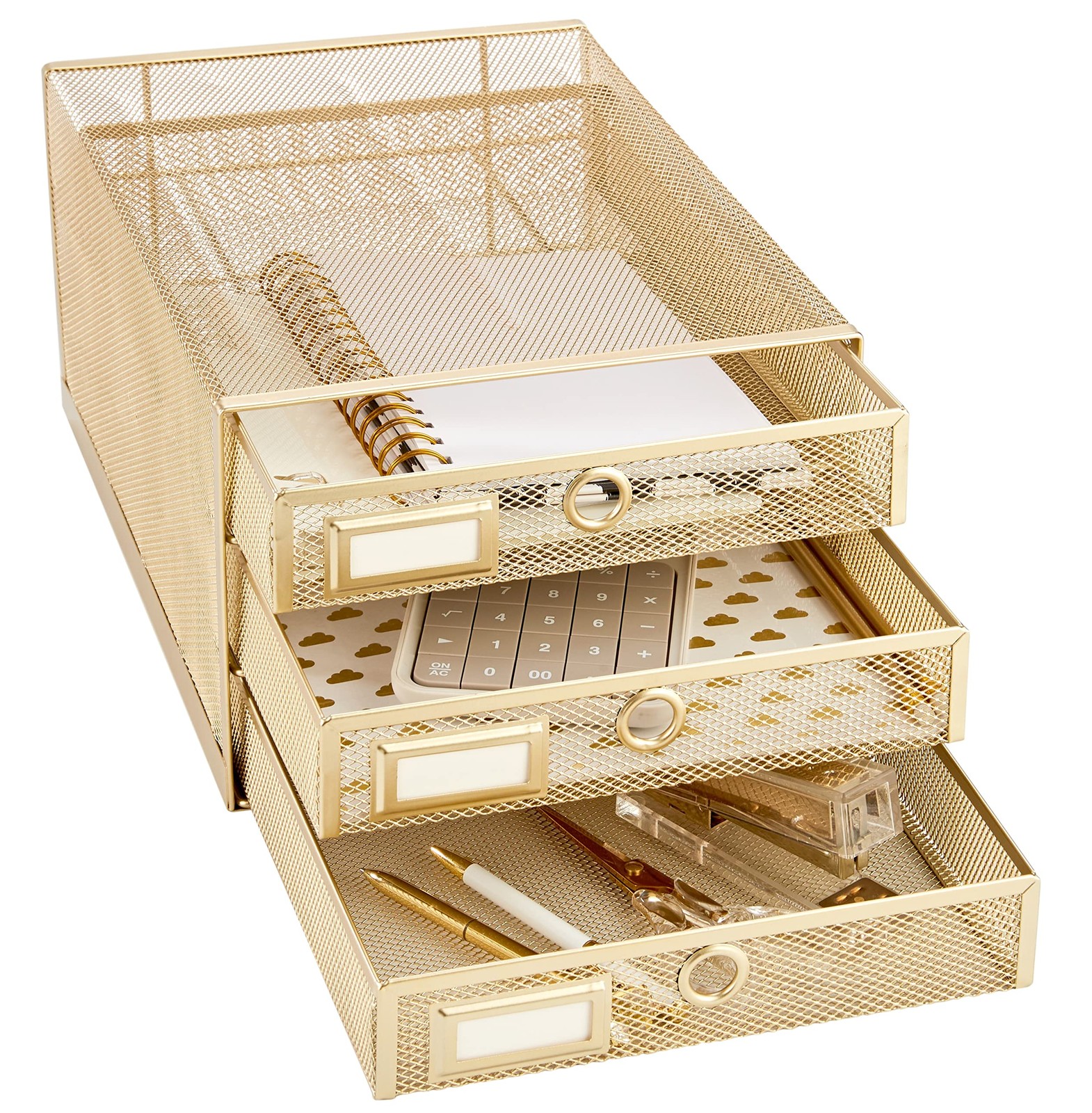 Annova Desk Organizer Wire Mesh 3 Tier Sliding Drawers Paper Gold
