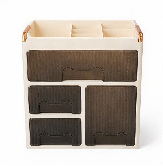 Beige Plastic Desktop Organizer w/ Easy Access Drawers + Divided Top Compartment
