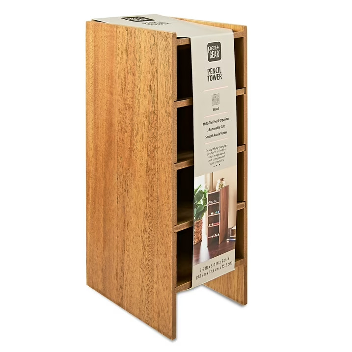 Pen+Gear Wooden Pencil Tower Vertical Pen Holder Marker Organizer Desk Storage