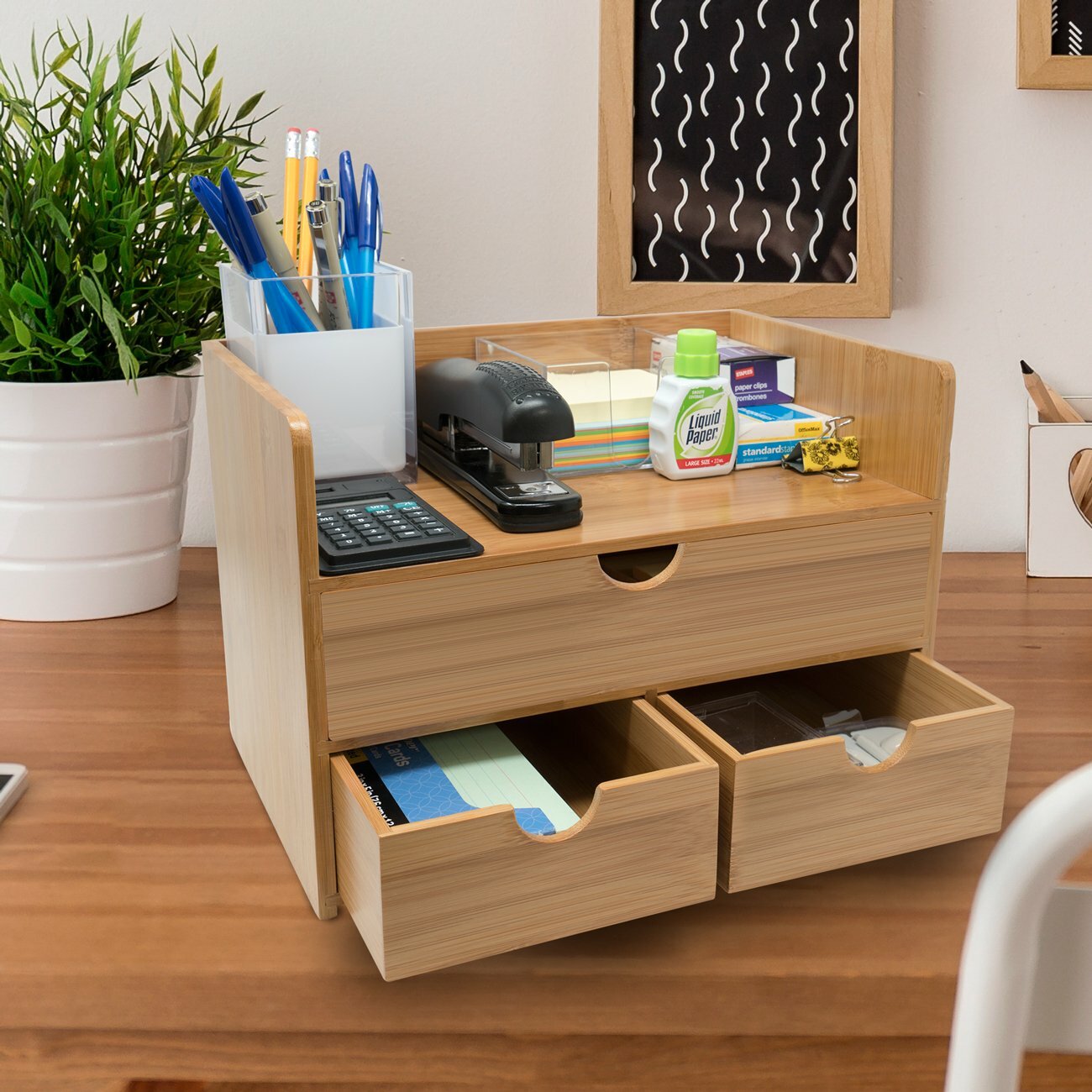 Sorbus 3-Tier Bamboo Shelf Organizer for Desk with Drawers