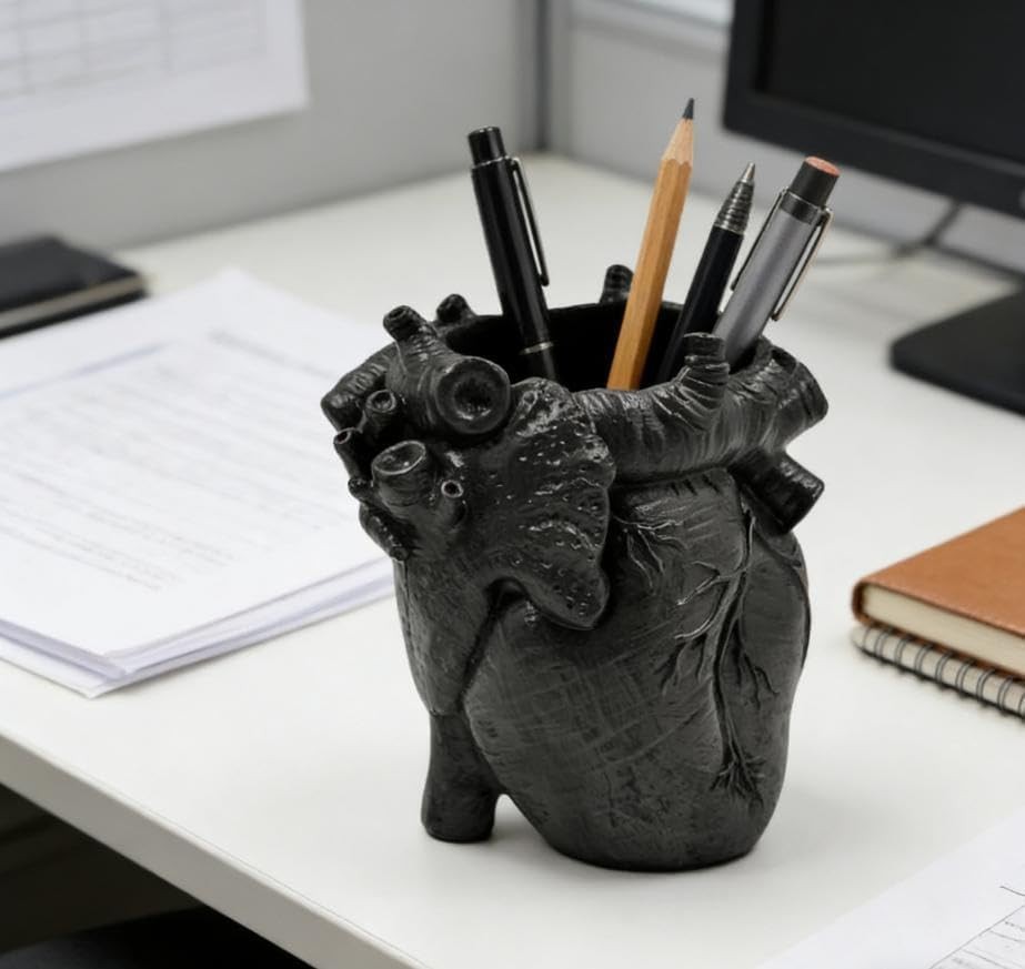 Heart-Shaped Pen Holder, 4.3″ x 3.74″ Human Heart Organ Shape Pen Holder, Gothic