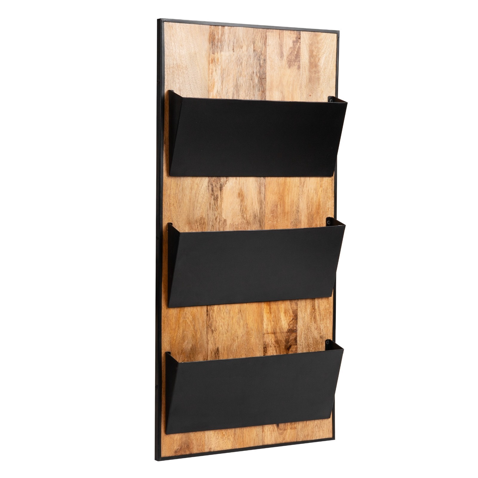 3-Tier Wall-Mounted File Organizer, Wood and Metal Vertical Rack, Black