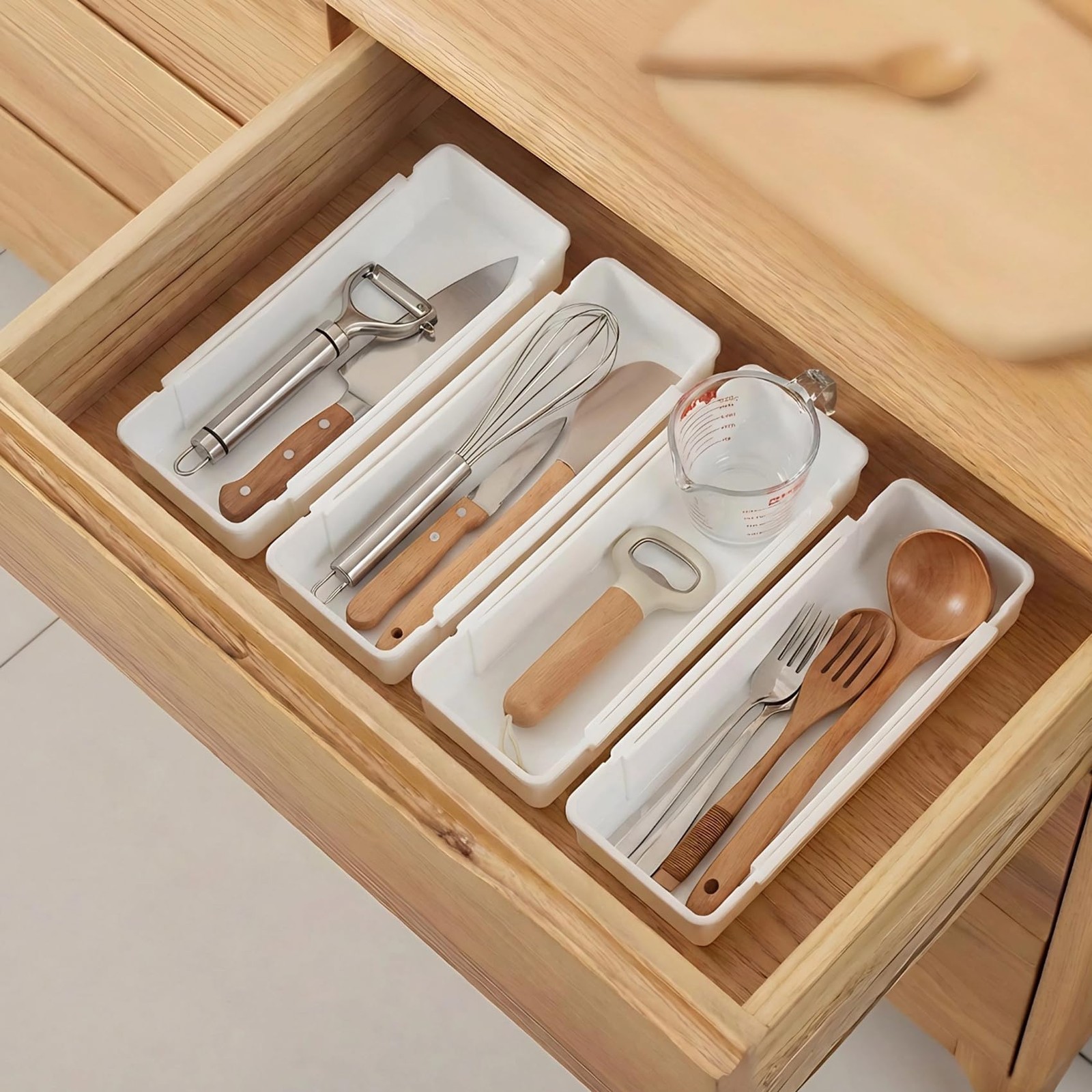 4~Pack Adjustable Drawer Organizers, Expandable Dividers, White