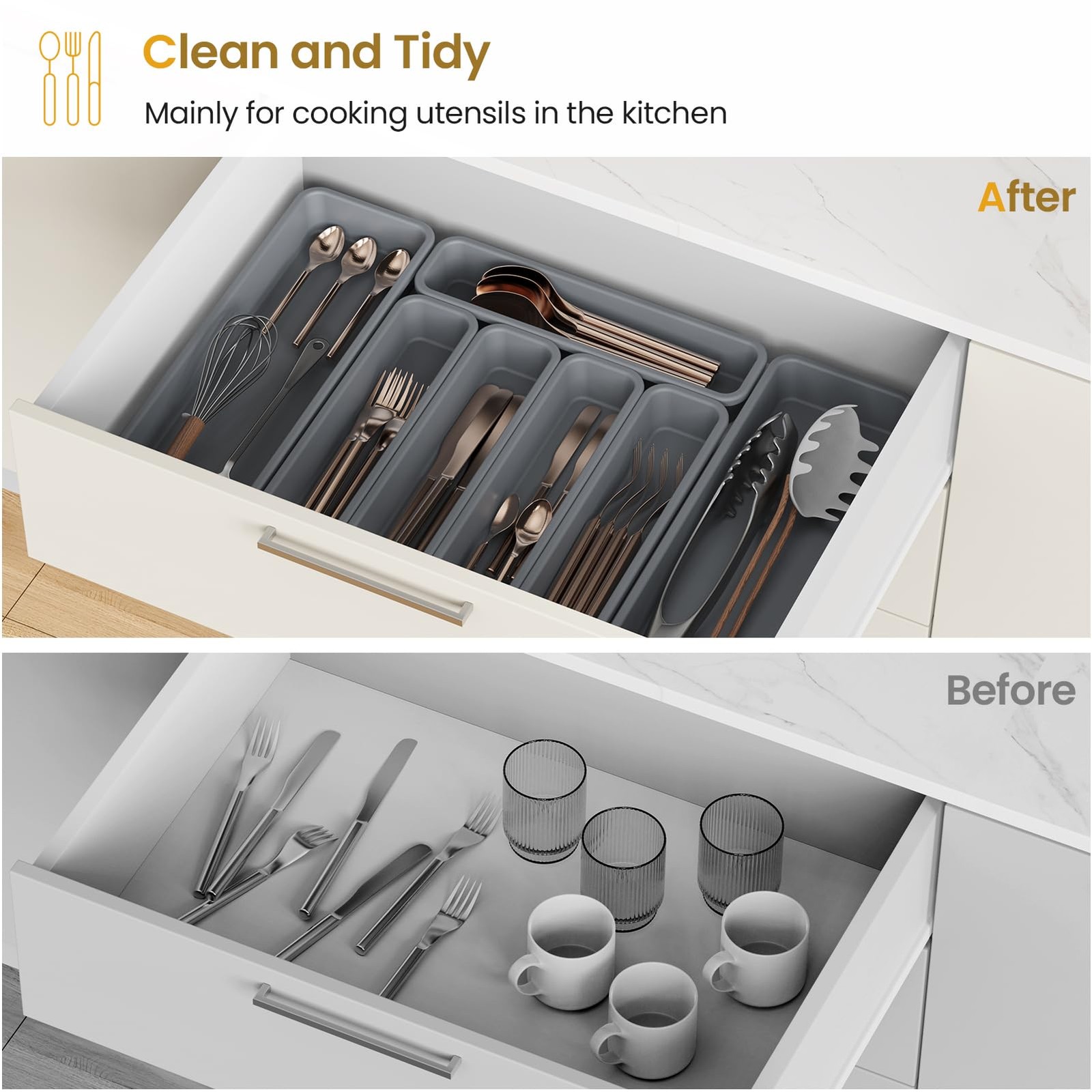 K KORKUAN 7 Pack Silicone Silverware Drawer Organizer, DIY Free 7 Pack, Grey