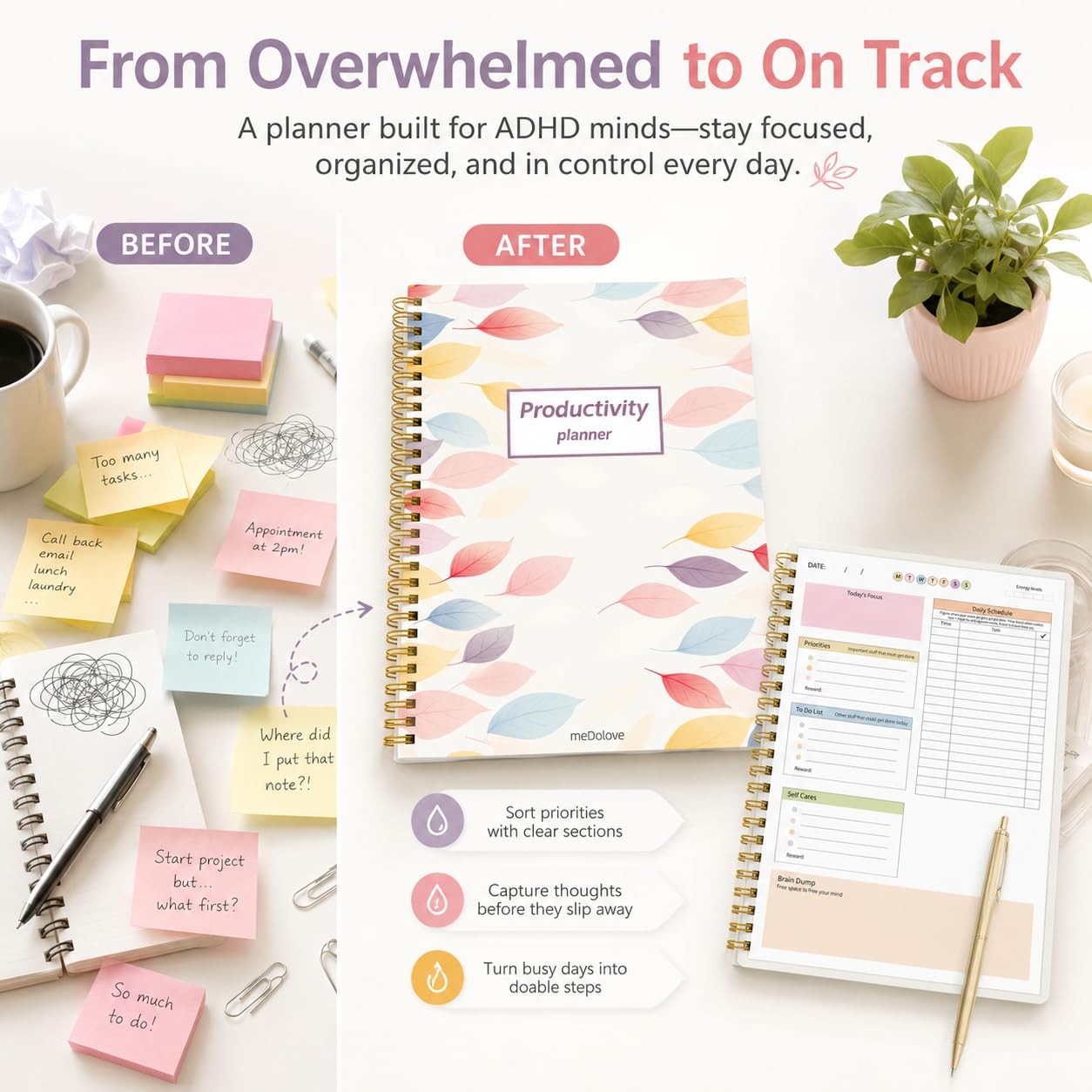 ADHD Planner for Women，Daily Productivity 7 X 10 inches, Colorful Leaves