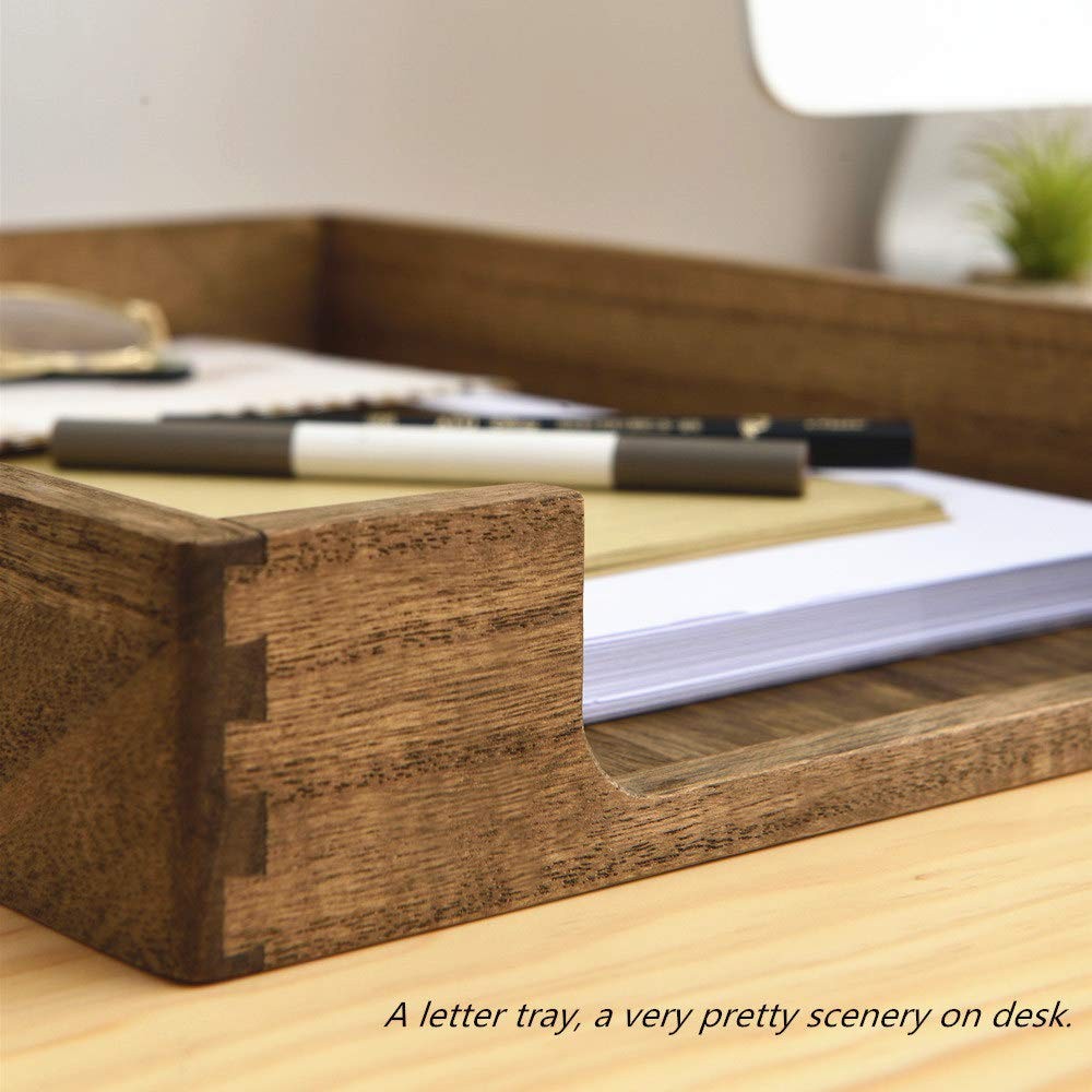 KIRIGEN Wood Letter Tray, Single-Tier 13.8″ x 10.6″ x 2.2″, Dark Brown