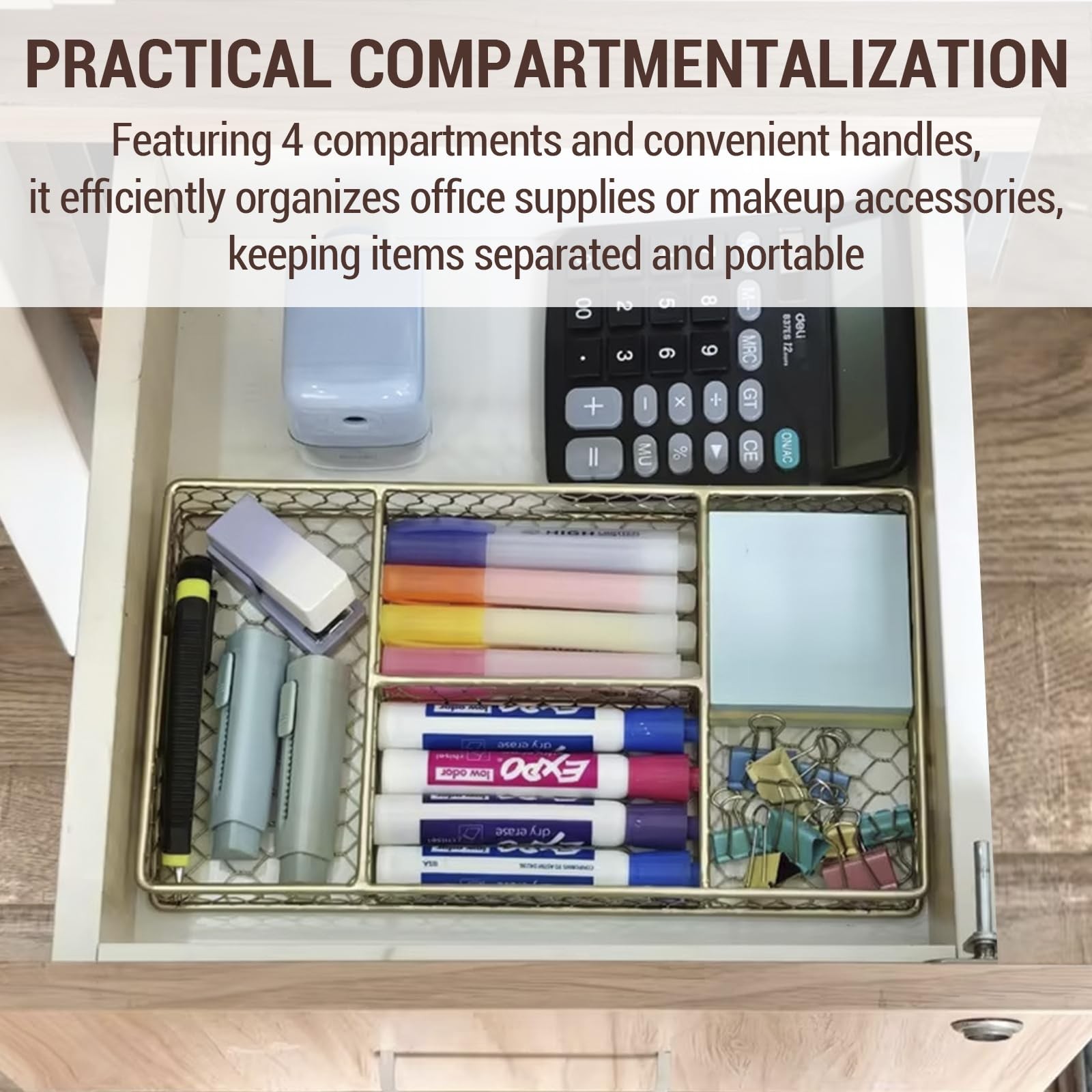 MyGift 4 Compartment Vintage Brass Tone Metal Chicken Wire Desk