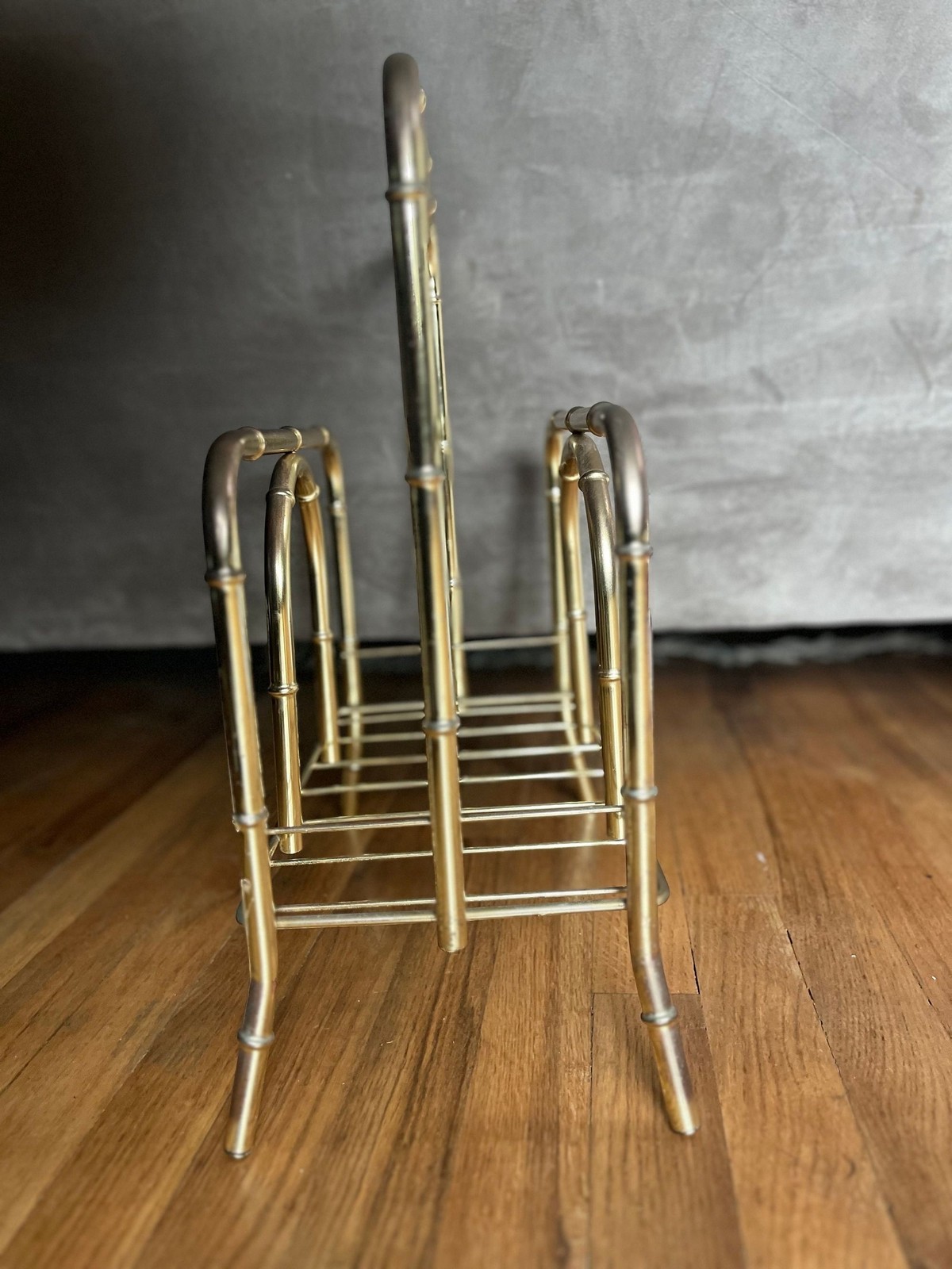 Vtg. Mcm Brass Tone Gold Metal Bamboo Magazine Holder Rack