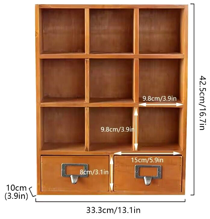 YIYIBYUS Wooden Shelf with 2 Drawer & 9 Cube Organizer – 13″D x 3.9″W x 16.7″H