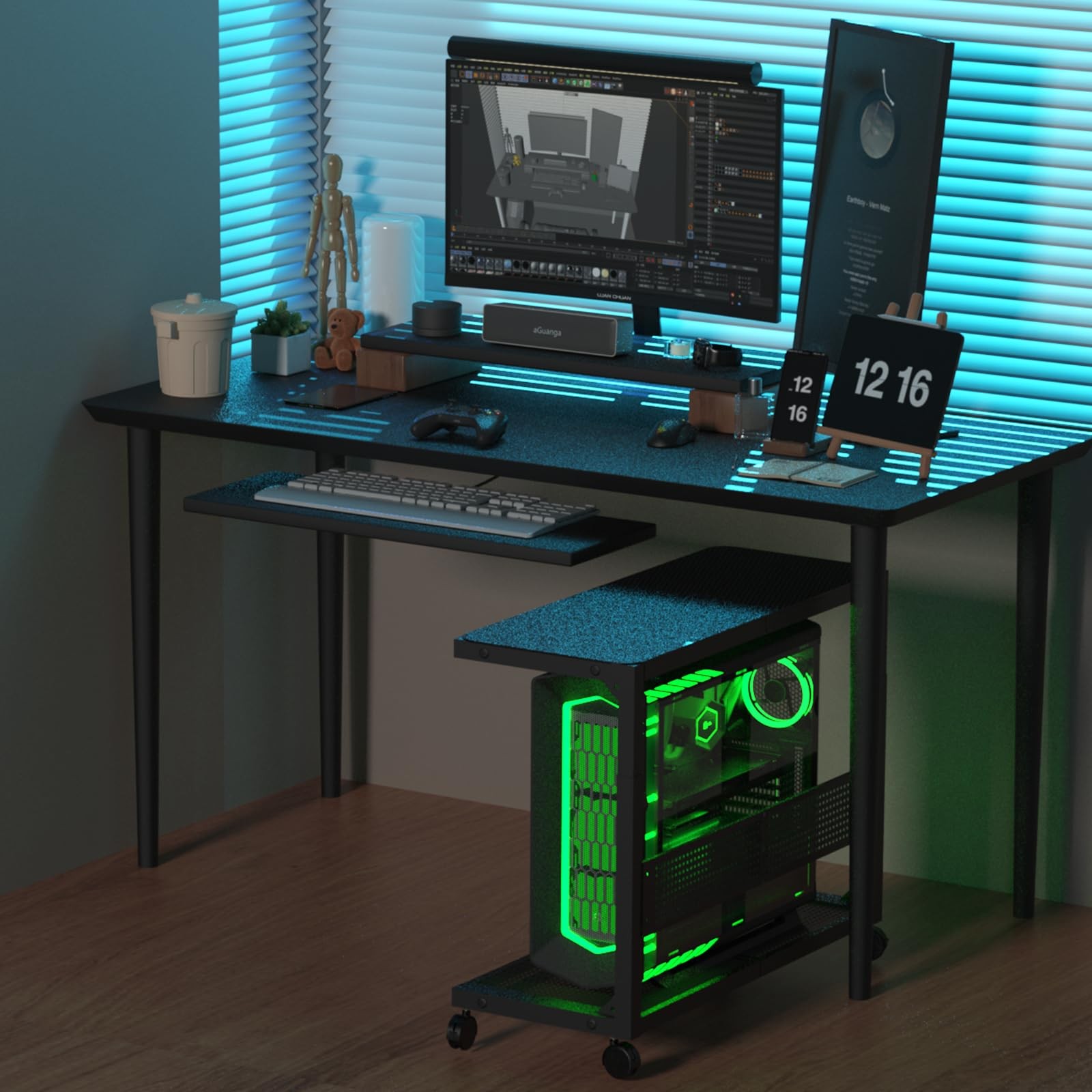 Moricher Computer Tower Stand – Height Adjustable 2-Tier 26×13×34 in, Black