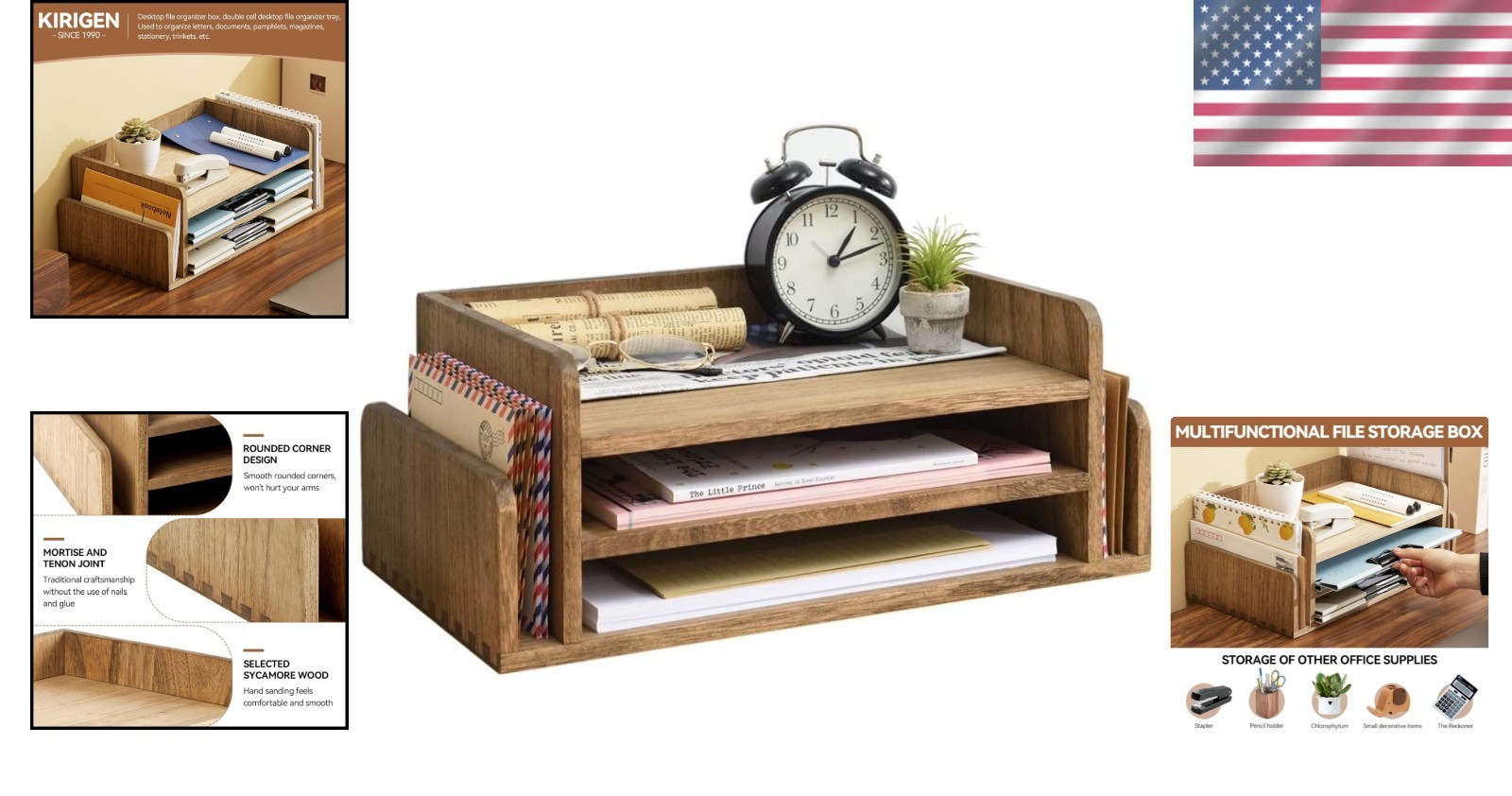 Assembled Wood Desk Organizer, 5 Trays, 3-Tier Letter Holder, Dark Brown, Office