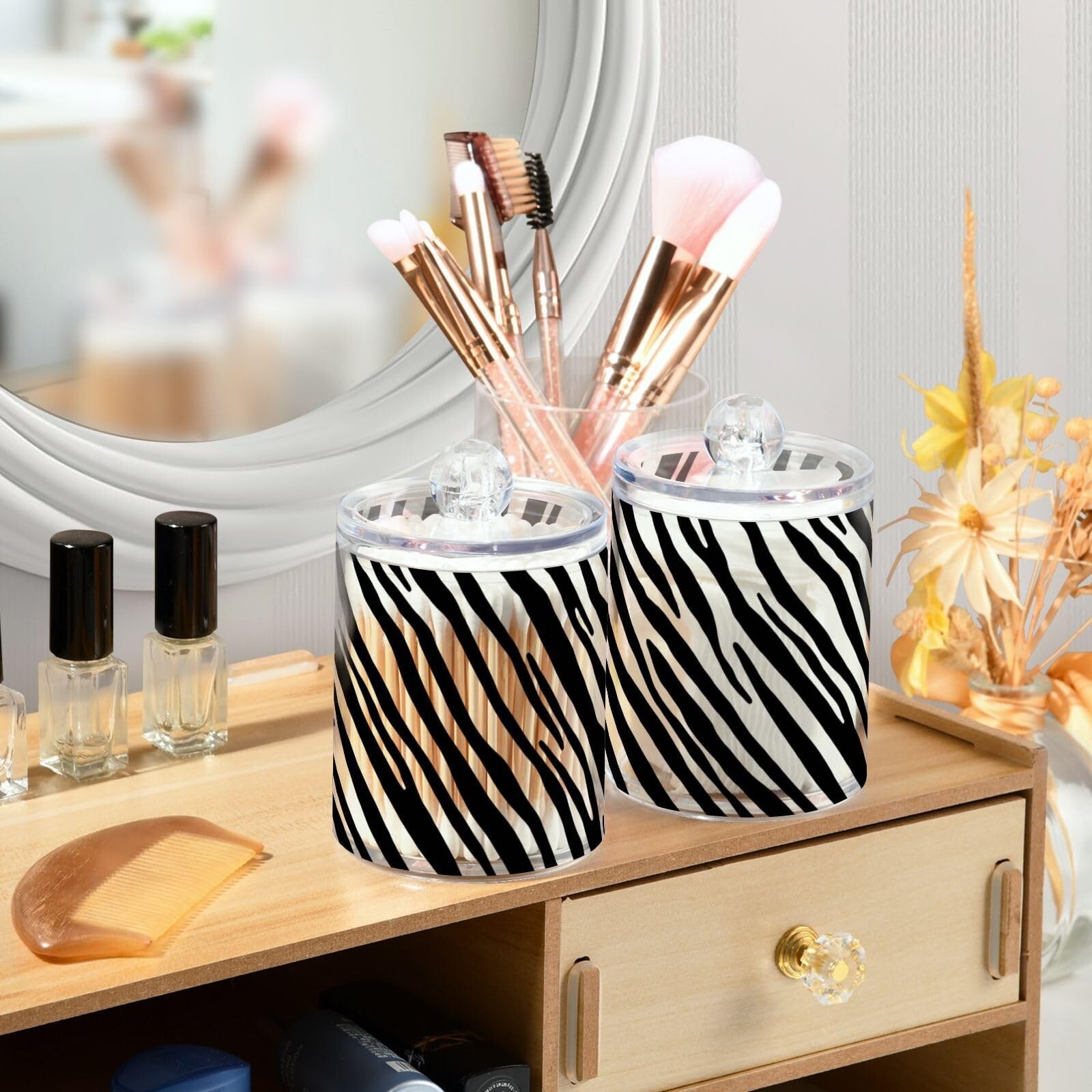 Zebra Print Black & White Qtip Holder Dispenser, Bathroom Organizer and Stora…
