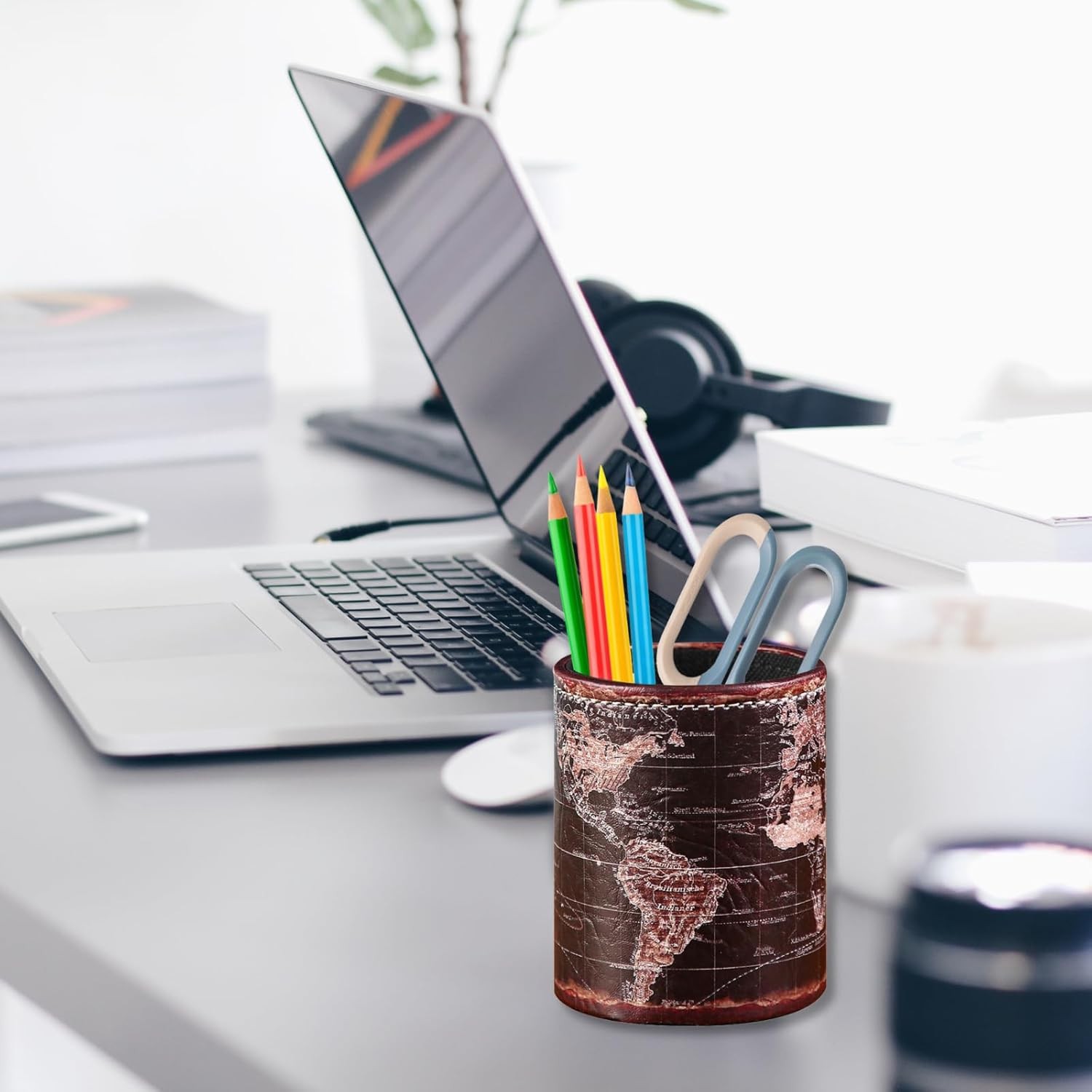 Black World Map Pencil Holder for Desk, PU leather Pencil Cup, Globe Pen Holder