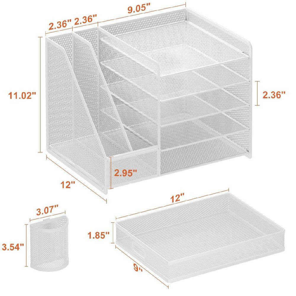 13.77 in X 11.02 in White Metal Desk Organizer with File Holder, 5-Tier Tray Org