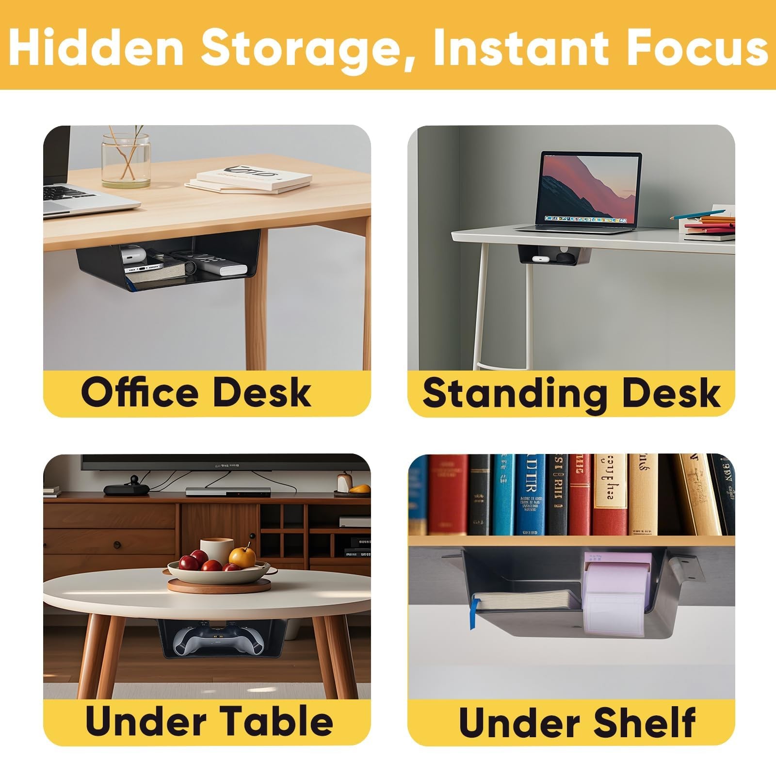 2 Pack Under Desk Hanging Shelf Drawer Organizer, Attachable Plastic Hidden S…