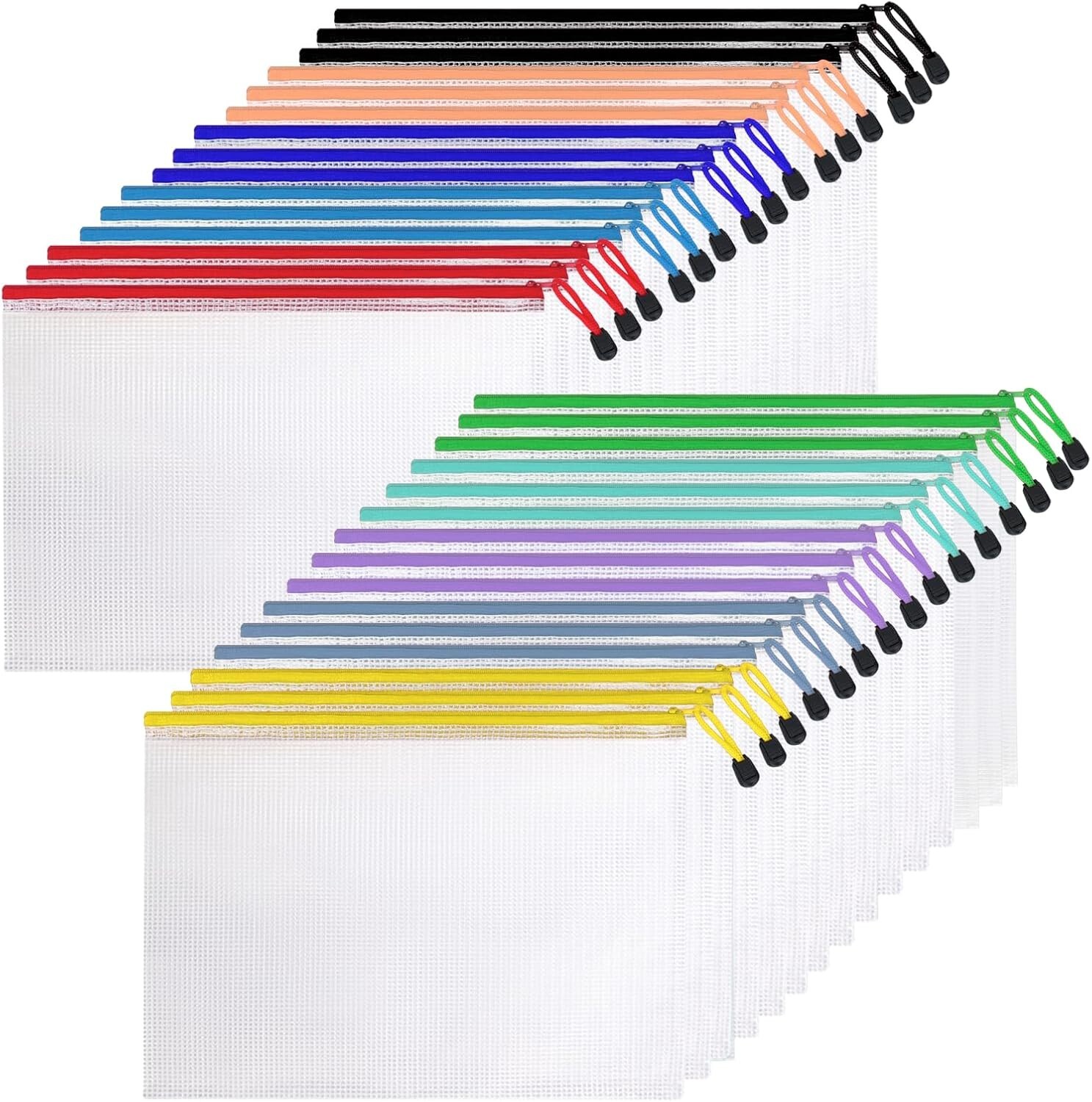 30 Pcs Mesh Zipper Pouch Bags A4 Size Waterproof File Bags with 10 Colors New