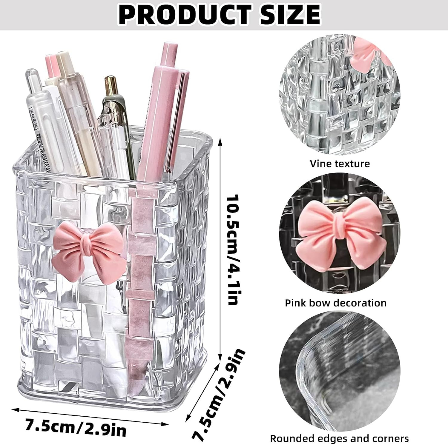Clear Acrylic Desk Pen Holder, Non-Slip Pencil Organizer with Bow Decoration, Mu